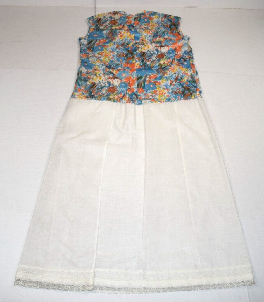 Vintage Midi Dress Blue Orange Yellow Size M 50s 60s Watercolor White Skirt Lace