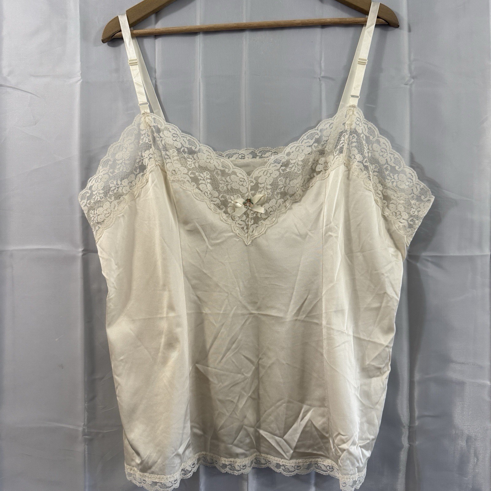 Vtg Perfectform Satin Nylon Cami Women 48 Cream Lace Trim Coquette Sexy Lingerie