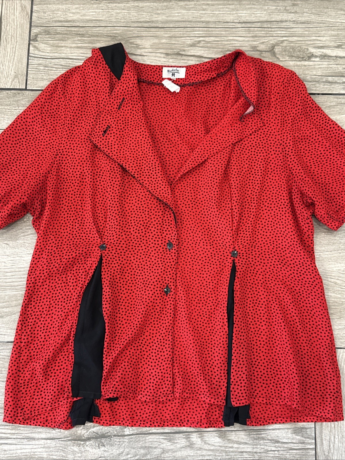 Vintage Hodeta Asymetric Button Down Short Sleeve Top Red Polka Dots Size 48