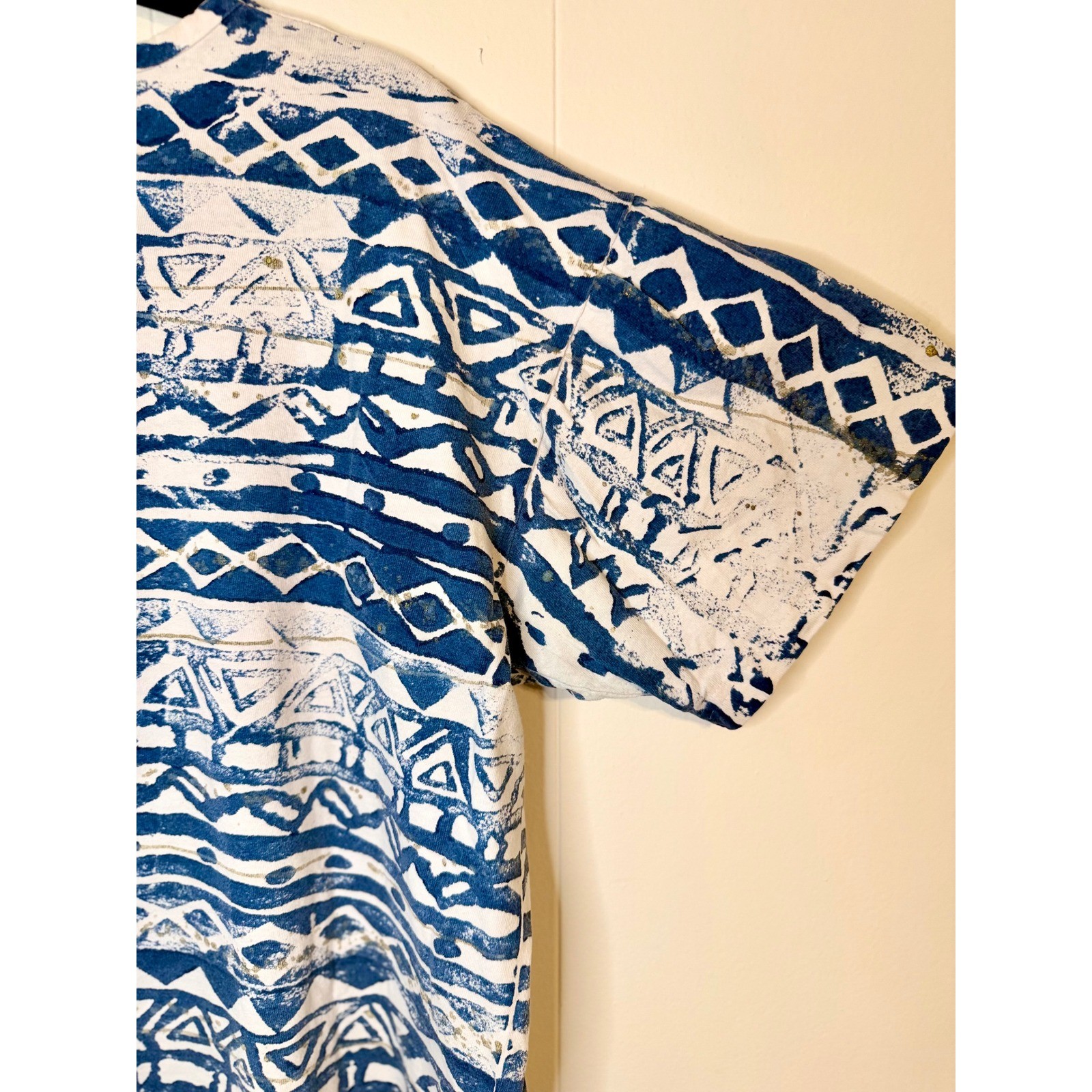 90s Vintage XL Boxy Cotton Retro Geometric Block Print Blue Purple Green Kidcore