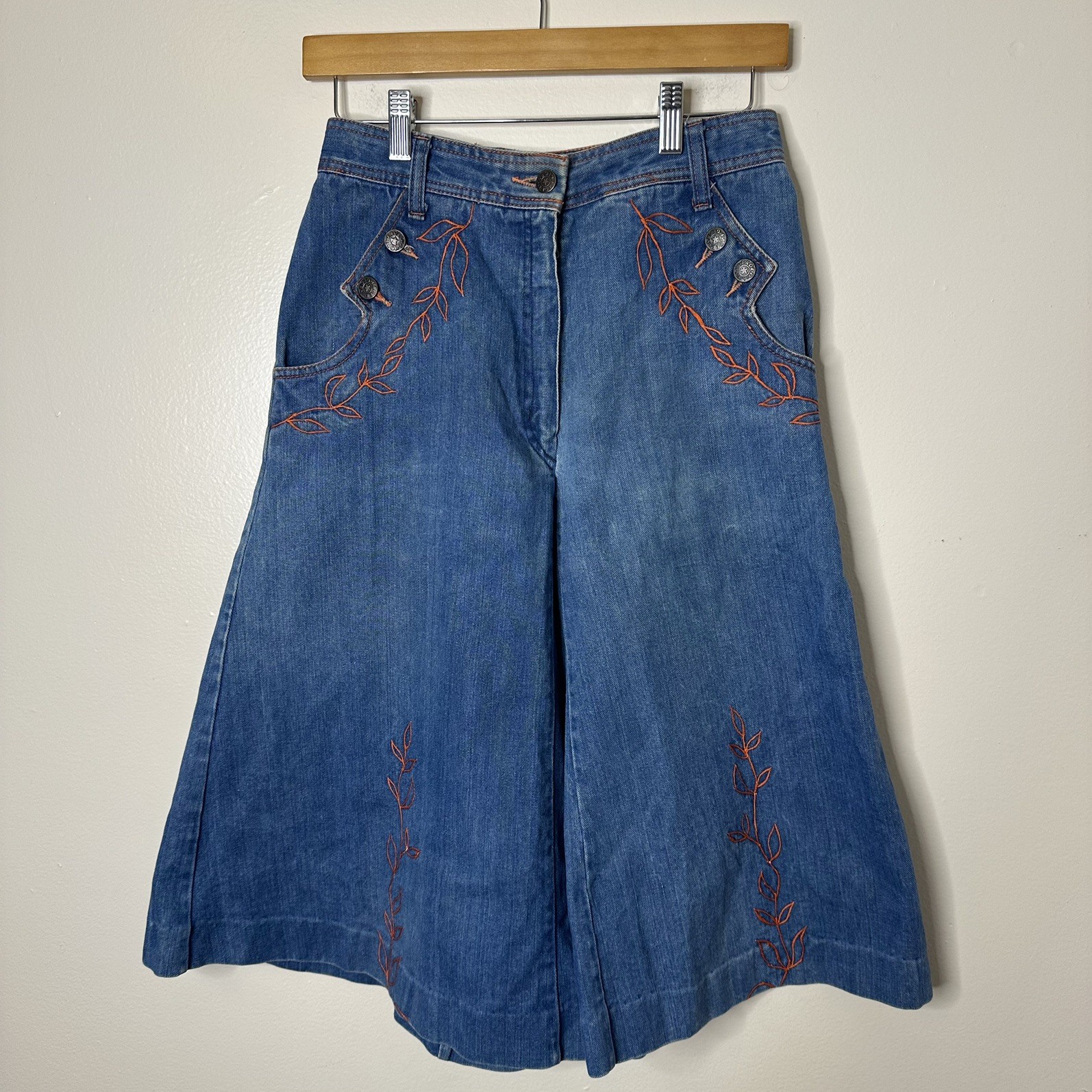 Vintage Gaucho Denim Pants Faded Glory Wide Leg Flare Embroidered 70s Womens 11