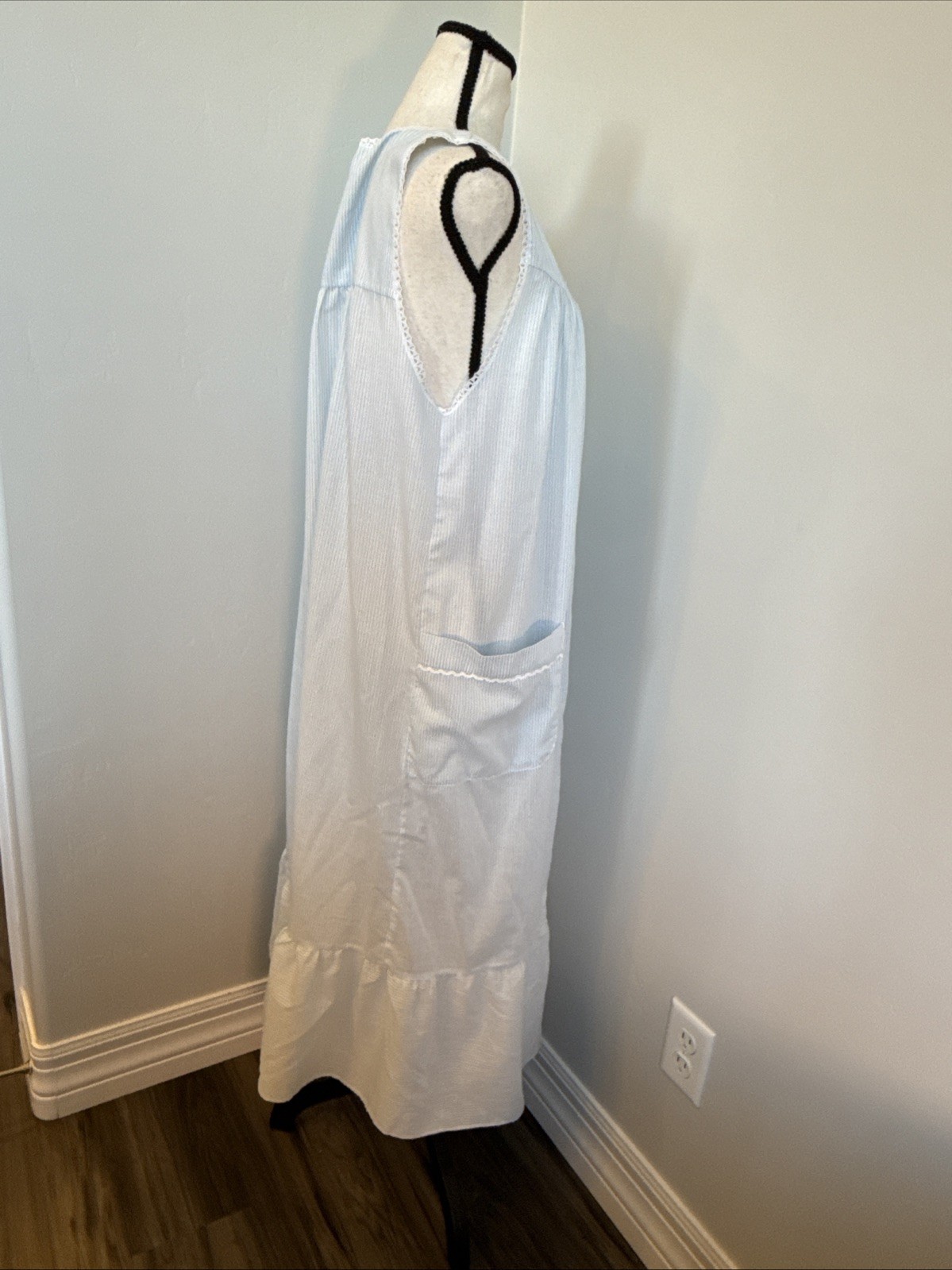 Vtg Barbizon Nightgown Women Small Blue Stripe Button Front Pockets House Dress