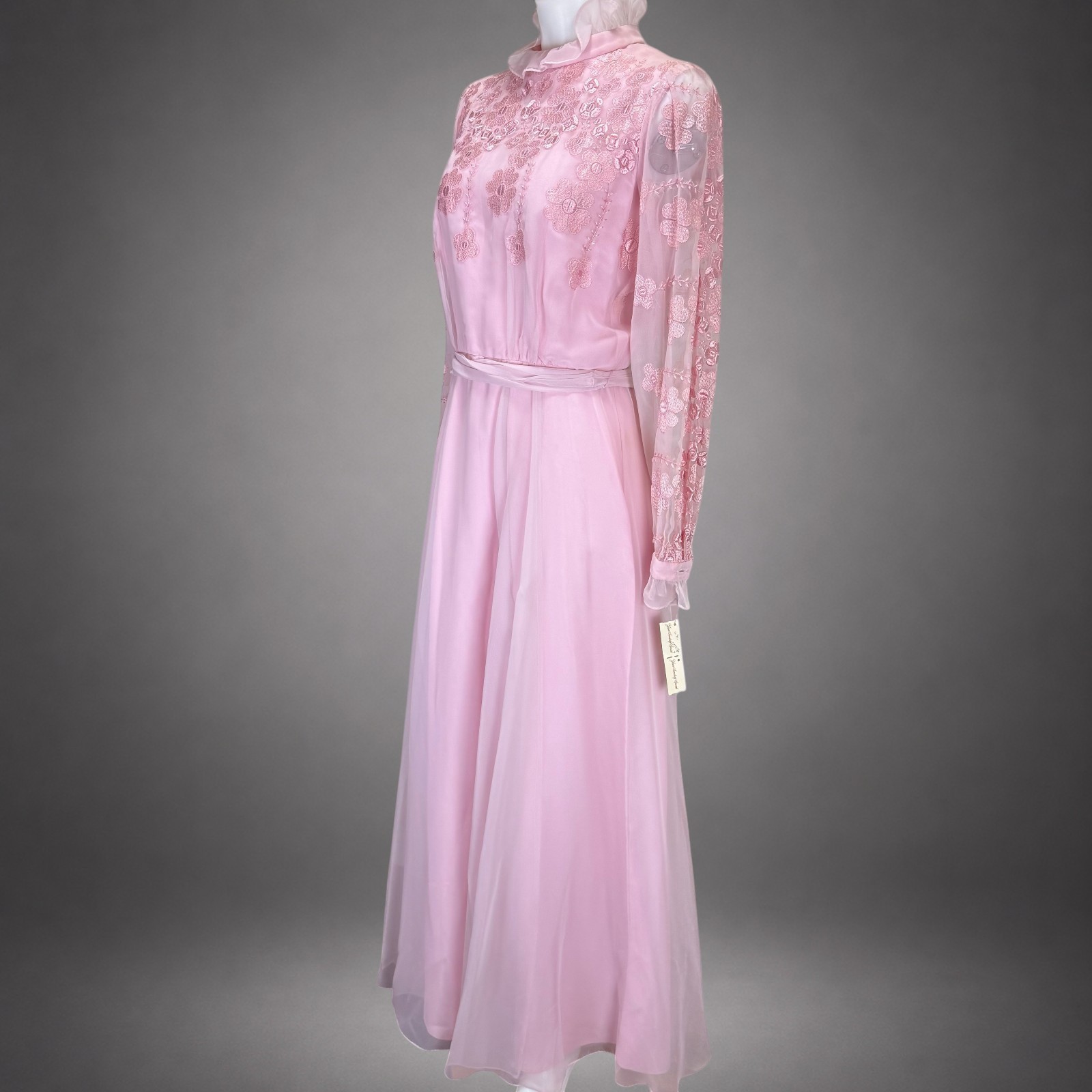Vintage Miss Elliette California Pink Embroidered Chiffon Maxi Dress Size 12 NWT