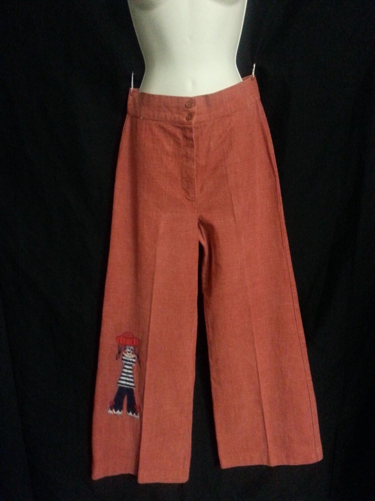 VTG 70s Wide Leg Elephant Pants High Waist Raggedy Ann Salmon Orange Hippy 27-30