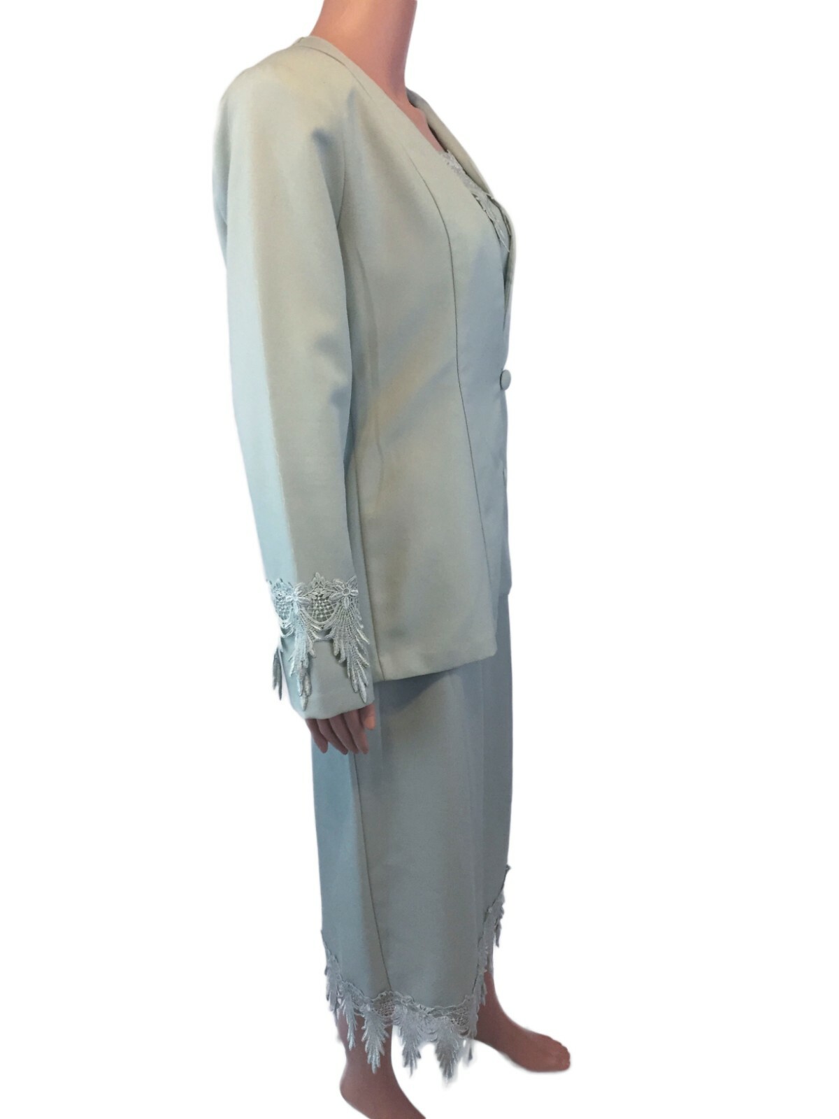 Vintage Mode Sara Light Green Blazer and Skirt Set w/ Floral Lace Trim Sz Large