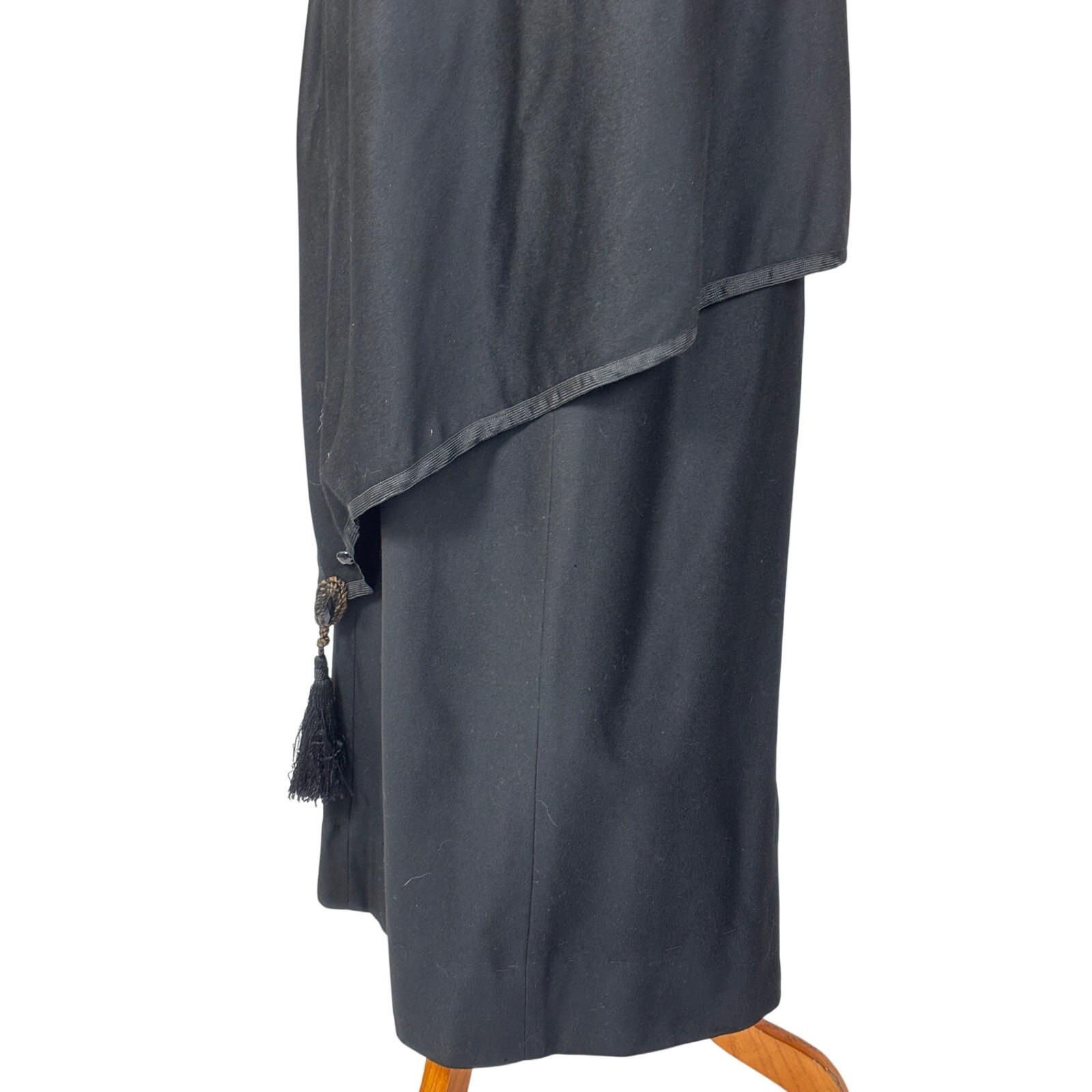 Antique Edwardian Black Wool Mourning Walking Skirt Jet Beads Tassels Tiered