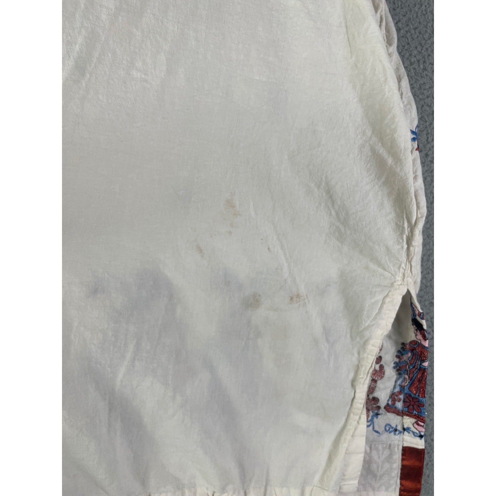 Vintage Hand Embroidered Boho Tunic Dress Cream Rust Blue V Neck Cottagecore