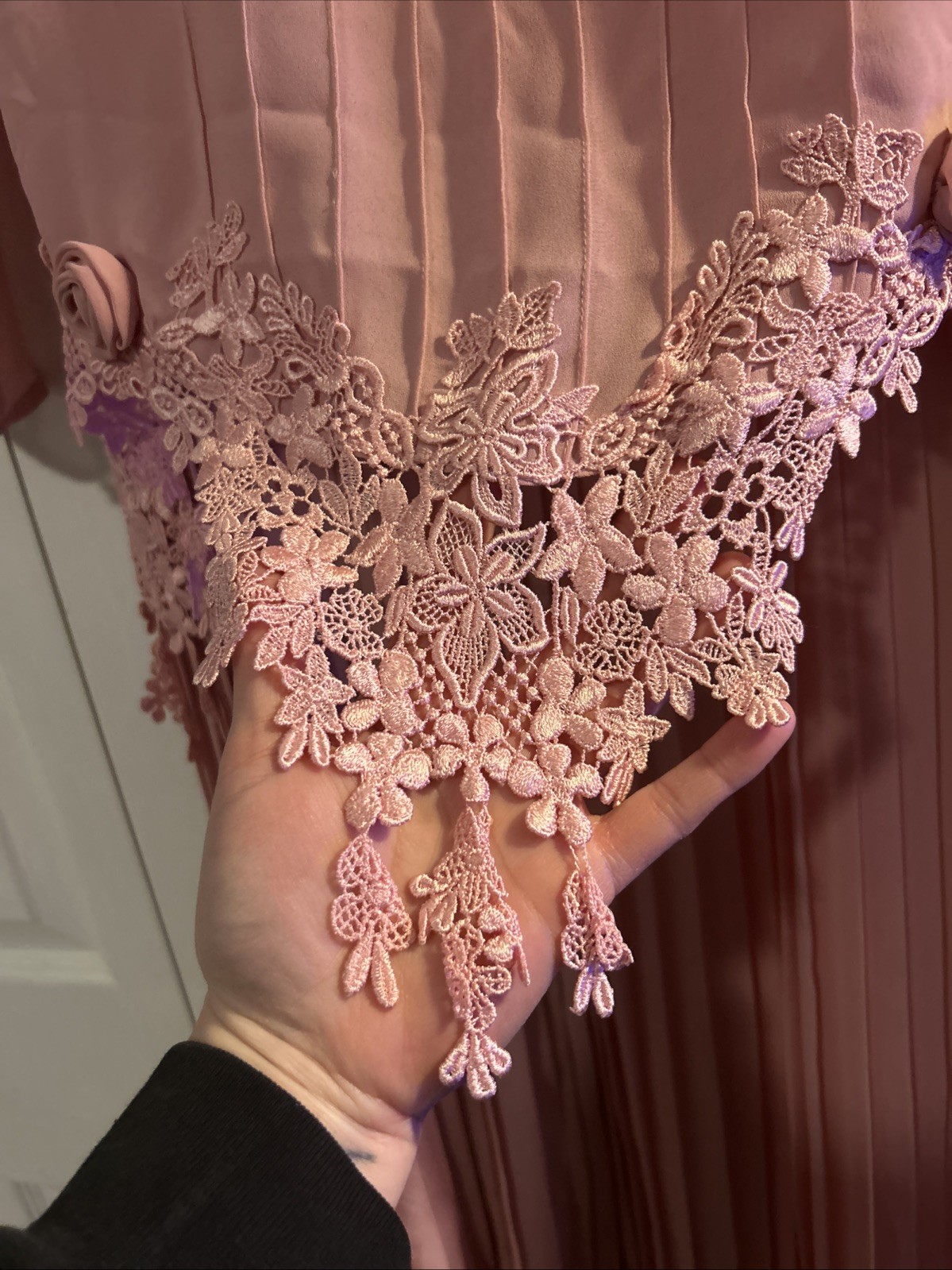 Vtg 80s In The Mood Pink Drop Waist Dress Lace Rosettes Pleated Size 14 Romantic