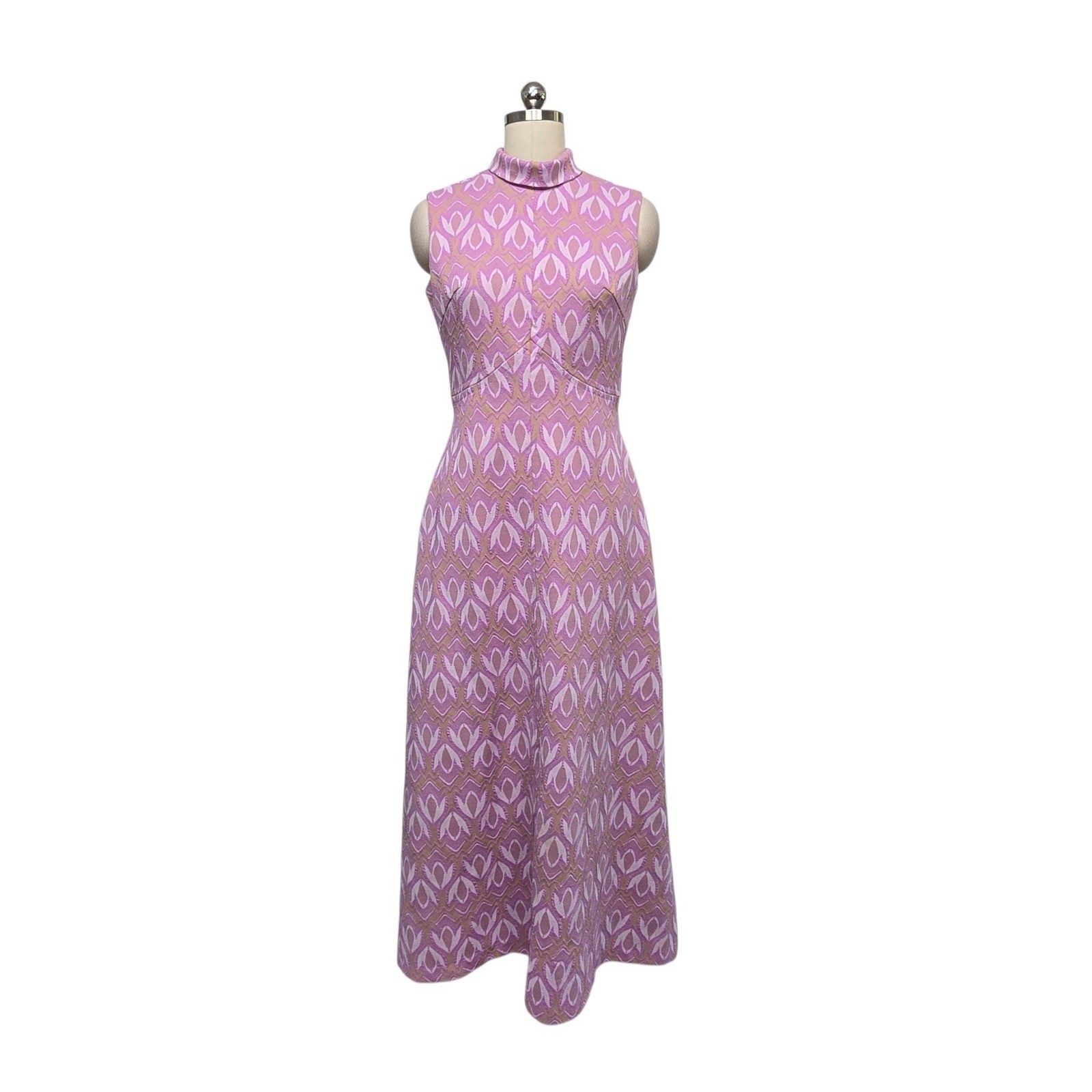 TeJo of California Vintage 60s 70s Lavender Geometric Knit Mock Neck Maxi Dress