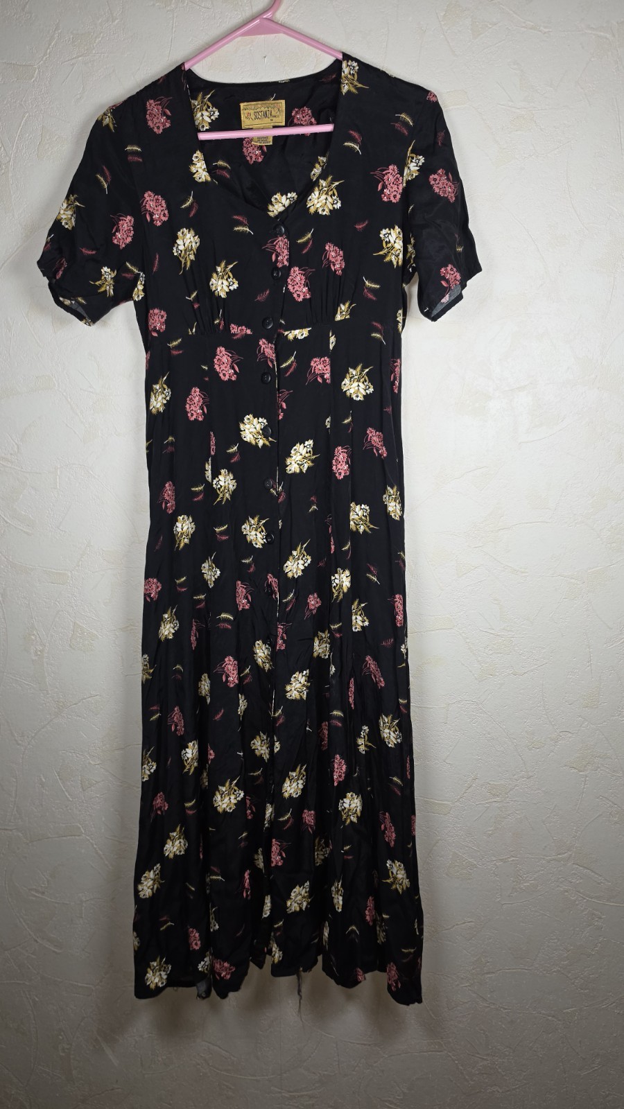 Vtg Sostanza Black Floral Button Front Short Sleeve Maxi Dress 90s grunge Small