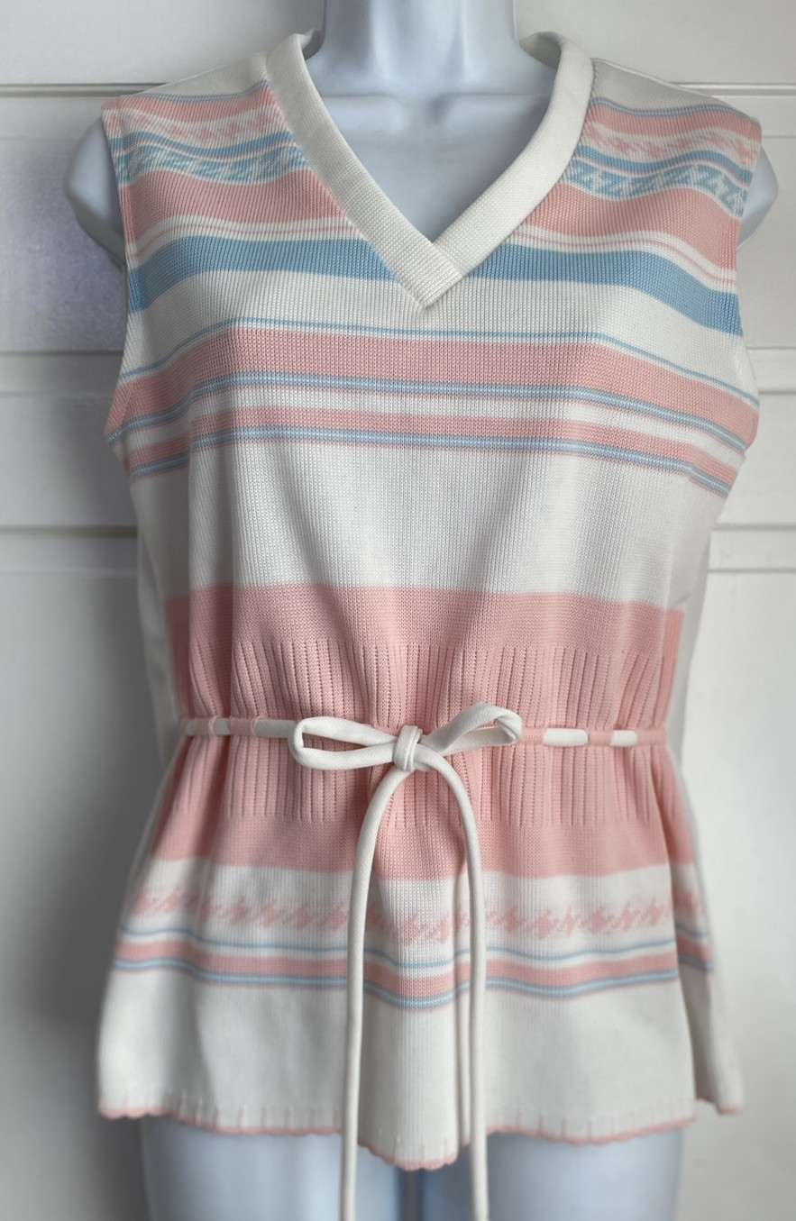 Vintage 60s 70’s White w/ Pink Stripe Poly Knit Tie Waist Women Size 12