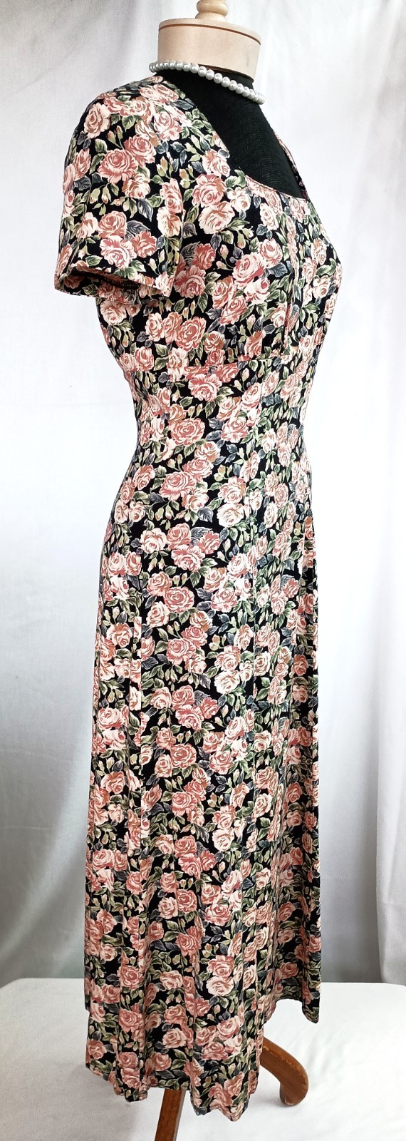 Vintage 90s Pink Rose Print Romantic Style Short Sleeve Rayon Midi Dress Size 9
