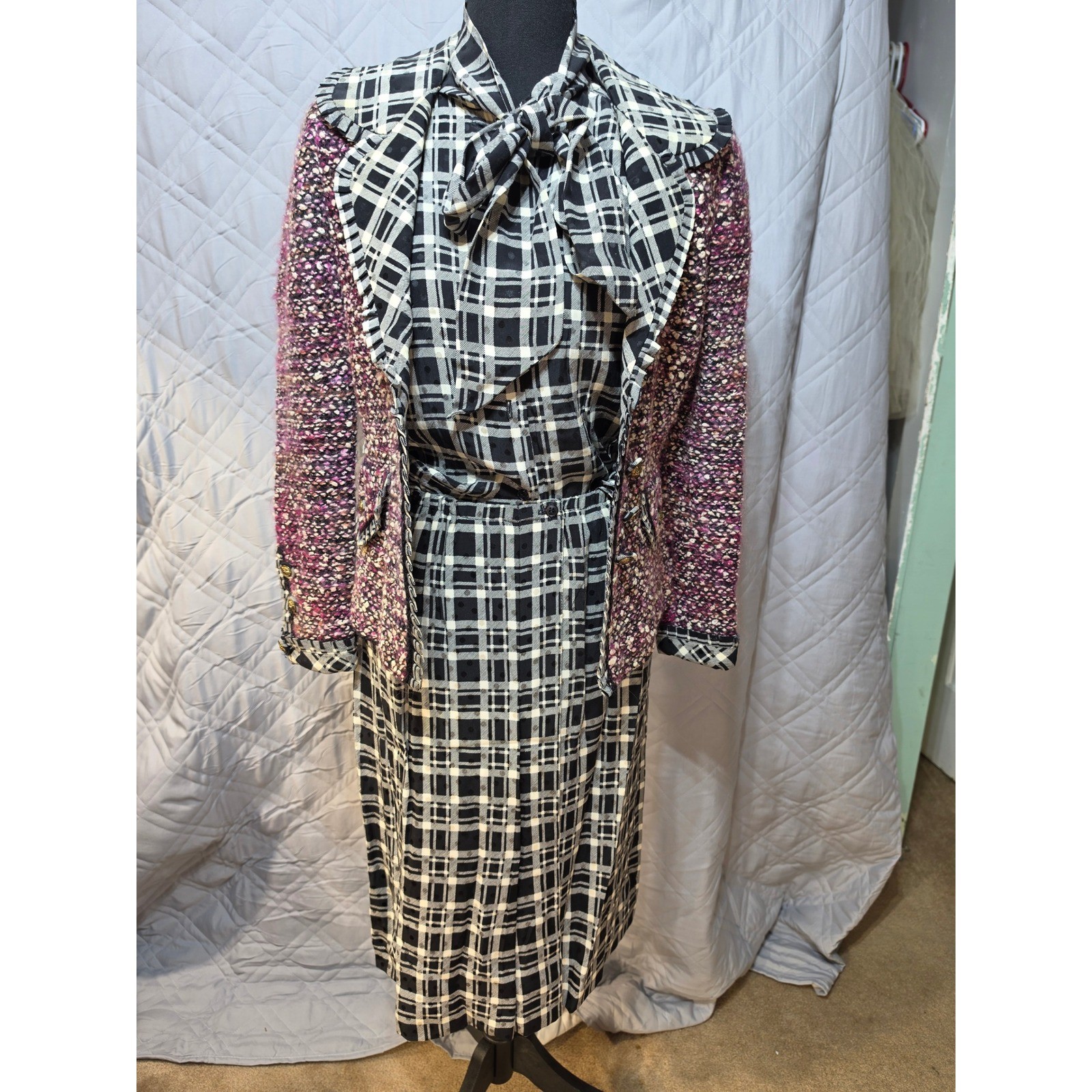 Vintage Adolfo Saks Fifth Avenue 3pc Skirt Suit Set Plaid Tweed Purple Black