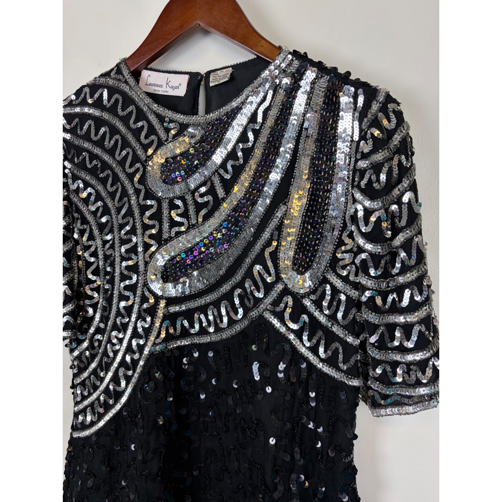 Laurence Kazar Sequin Top M Black Silver Vintage Beaded Silk Evening Party Glam