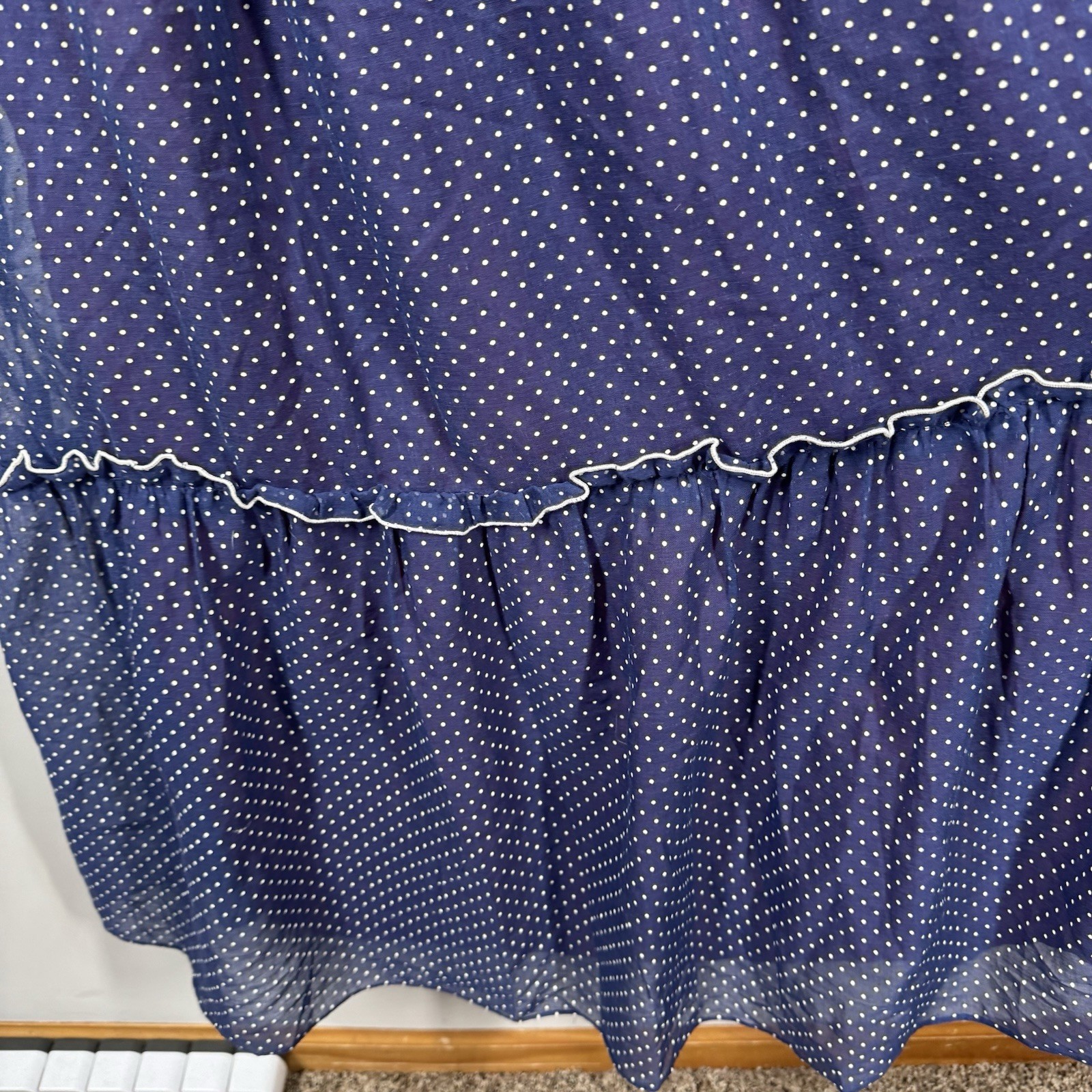 Vtg Ruffle Maxi Dress Sheet Blue Polka Dot Over Lining JC Penny Women Sz 11/12