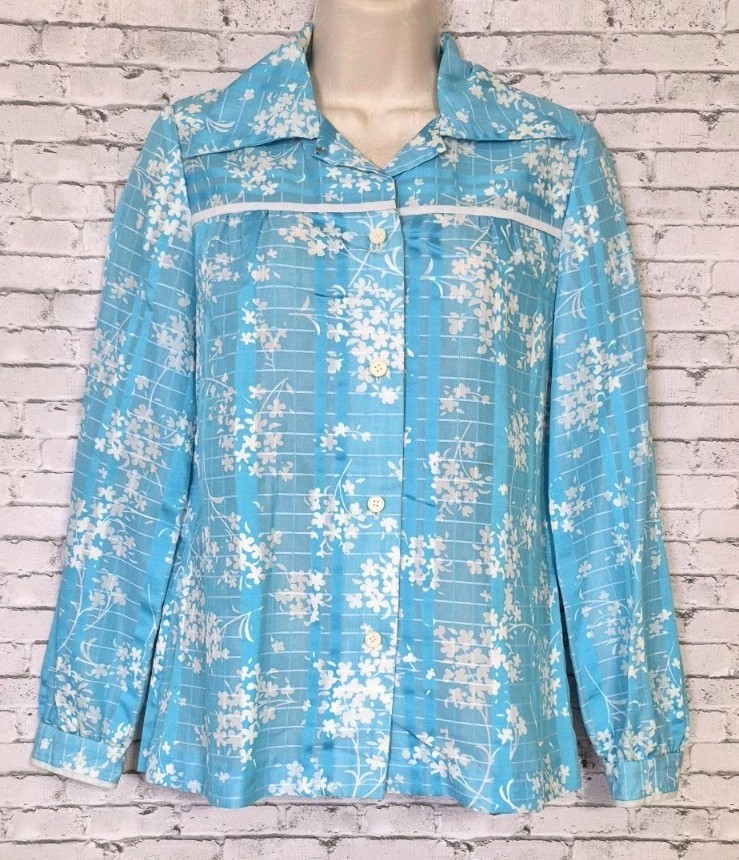 Vintage British Crown Colony of Hong Kong Button-up Blouse Women 10 Brady Bunch