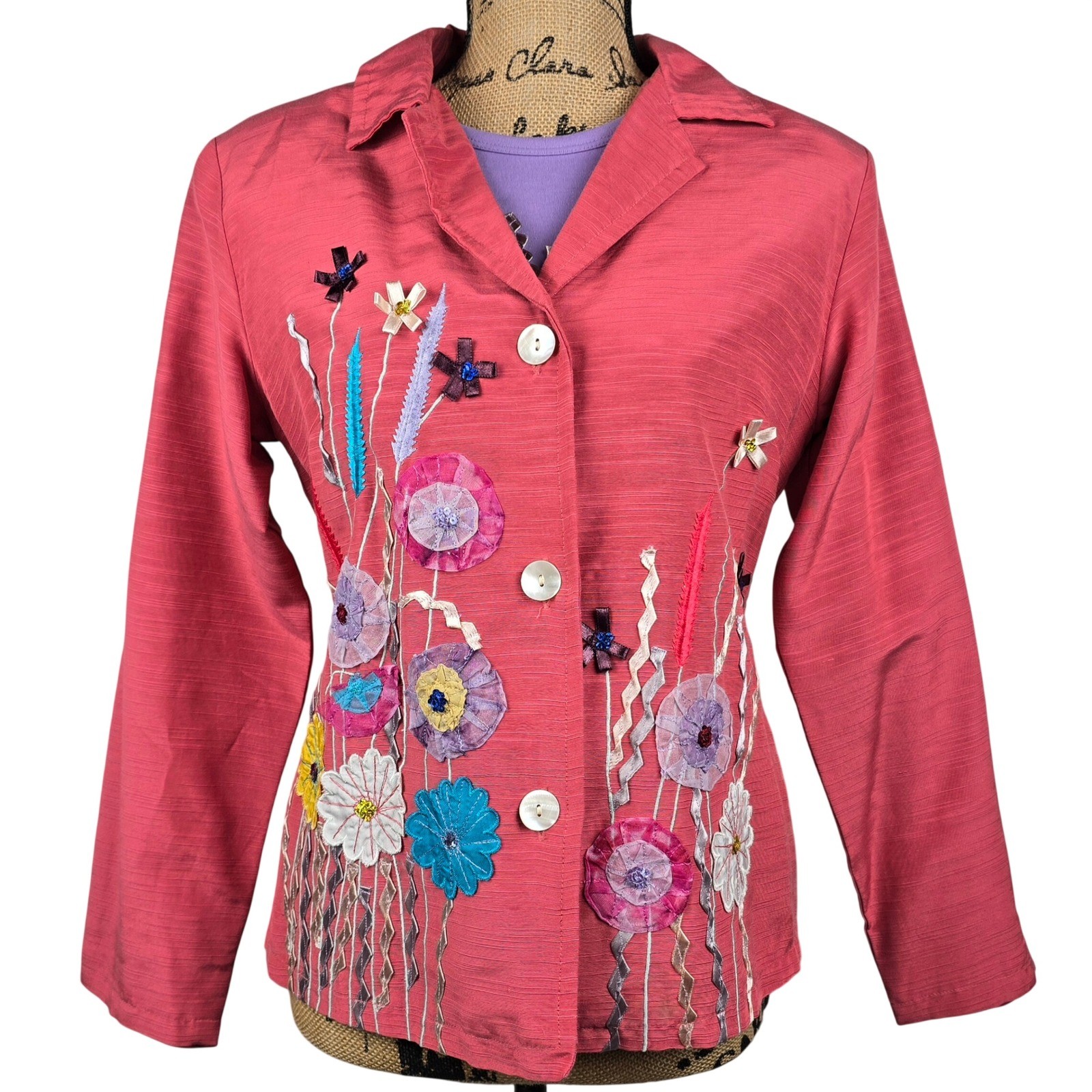 Indigo Moon Womens 2 Piece Set Jacket & T-Shirt Floral Embroidered Pink Purple S