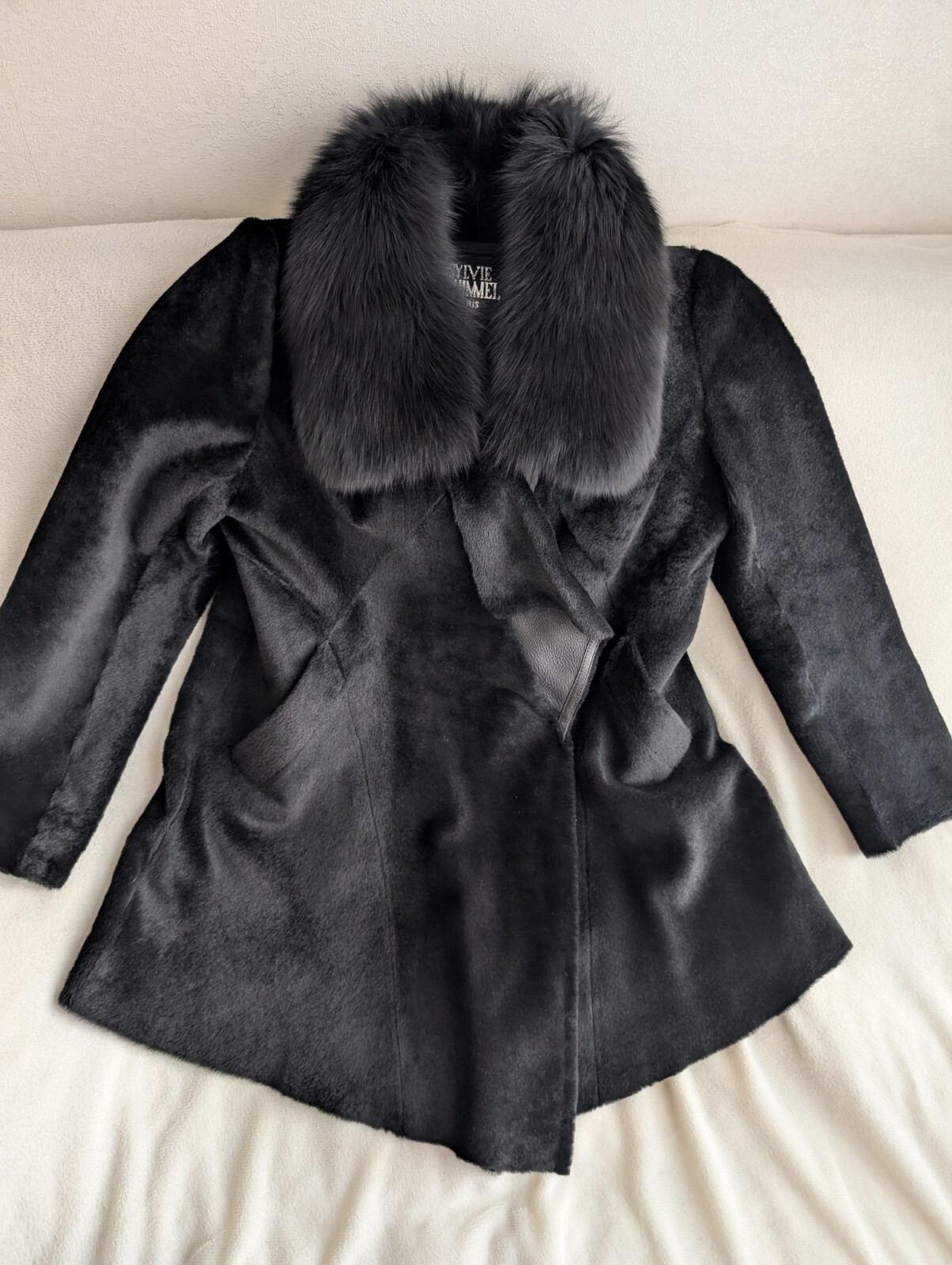 Sylvie Schimmel Pieton France Vintage Black Lamb Shearling Fox Fur Coat Jacket M