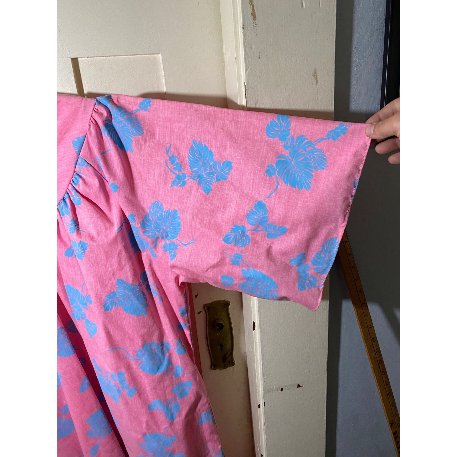 Jade Fashions Pink Blue Tropical Leaf Muumuu Dress Made in Hawaii XL