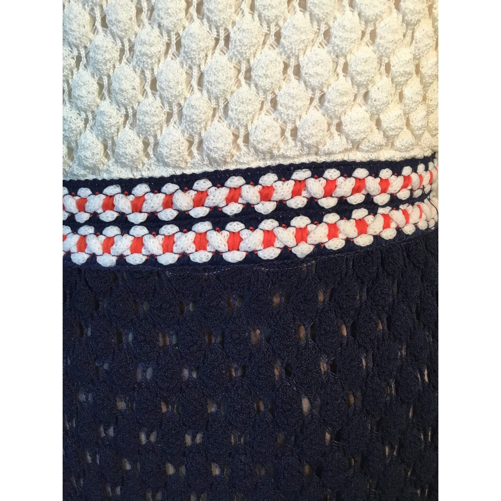 Vintage 1970s Parade NY Navy Blue White Long Sleeve Dress Puckered Polyester Mod