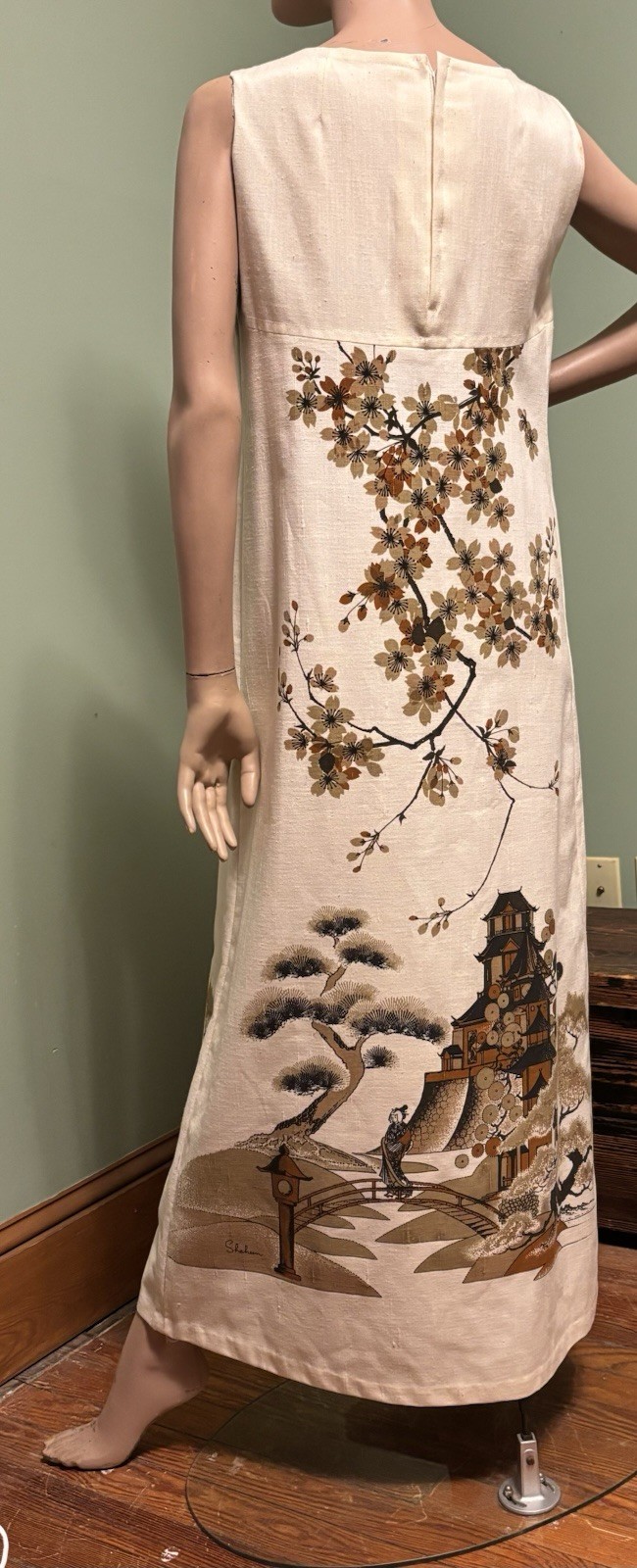Vintage Alfred Shaheen Asian Inspired Hand Printed PAGODA Maxi Dress