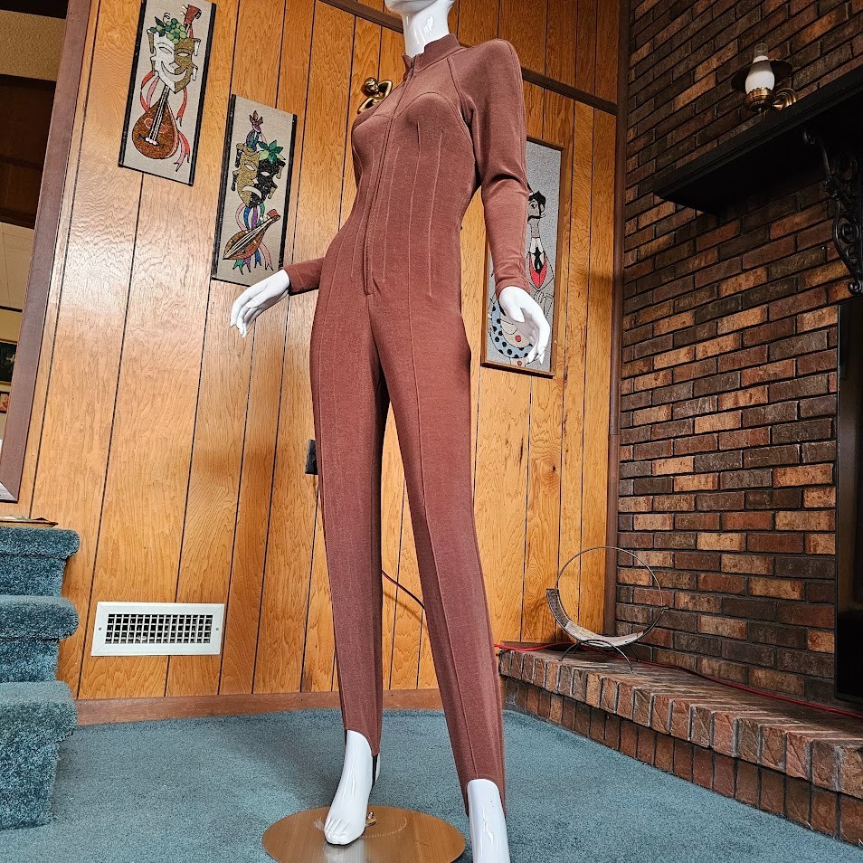 Vtg 80s Urban Ski Bunny Corset Seams Catsuit Slinky Stirrup Pants Jumpsuit S/M