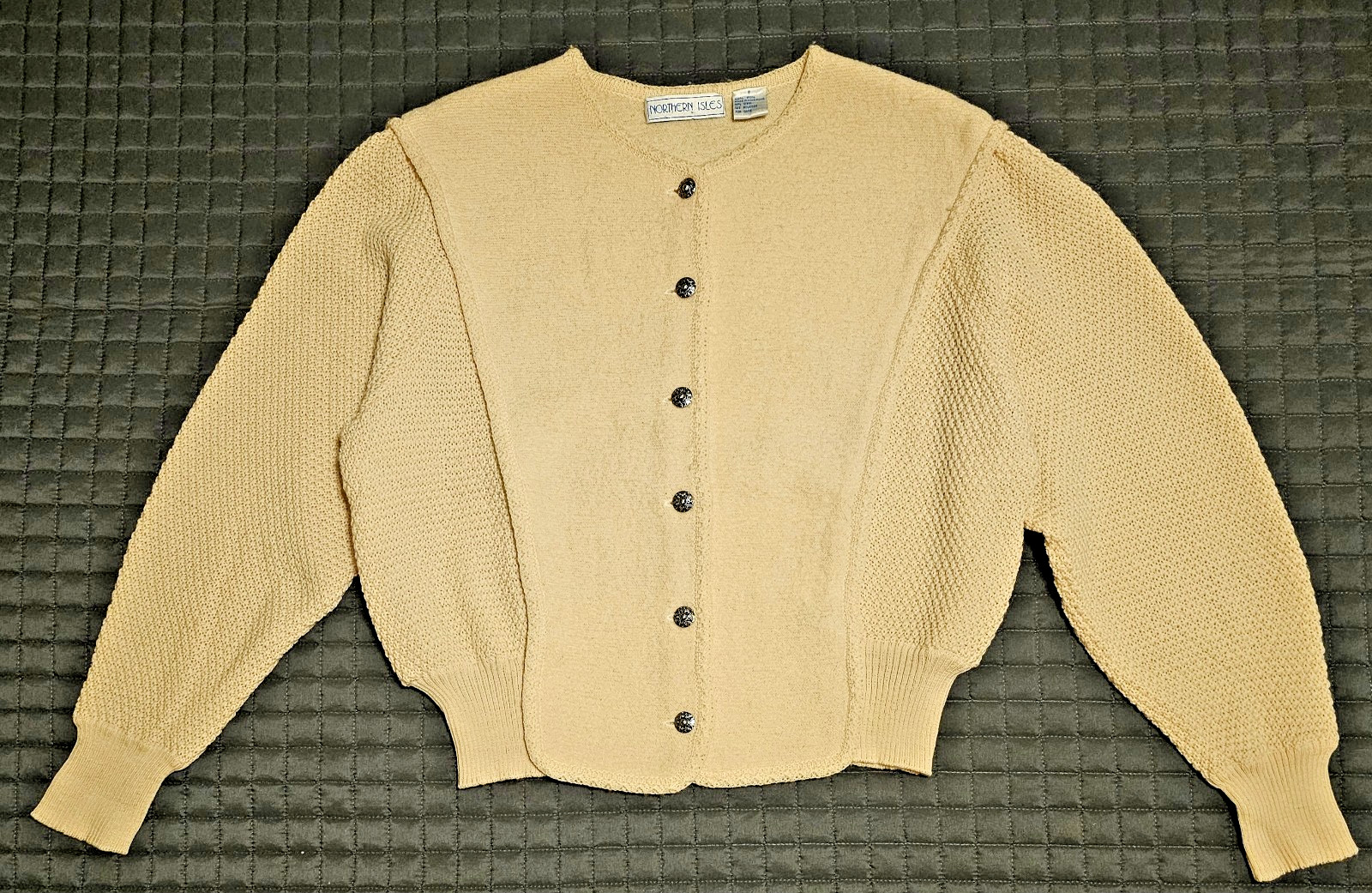 Vtg 80s NORTHERN ISLES Cropped Wool Sweater Cardigan Puffy Sleeve Sz M, Cream