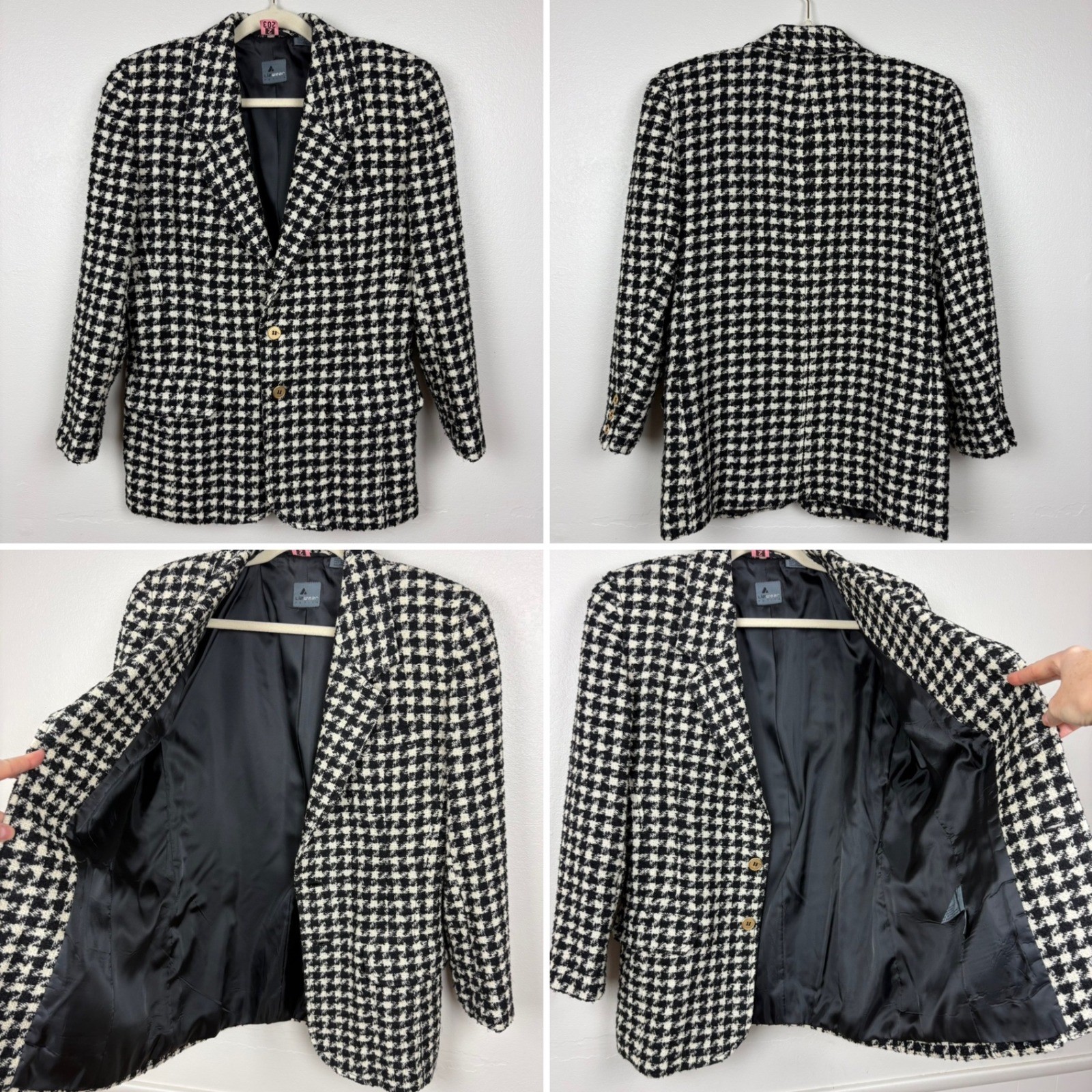Lizwear Petite Vintage Houndstooth Blazer Size 4P Black White Academia Classic