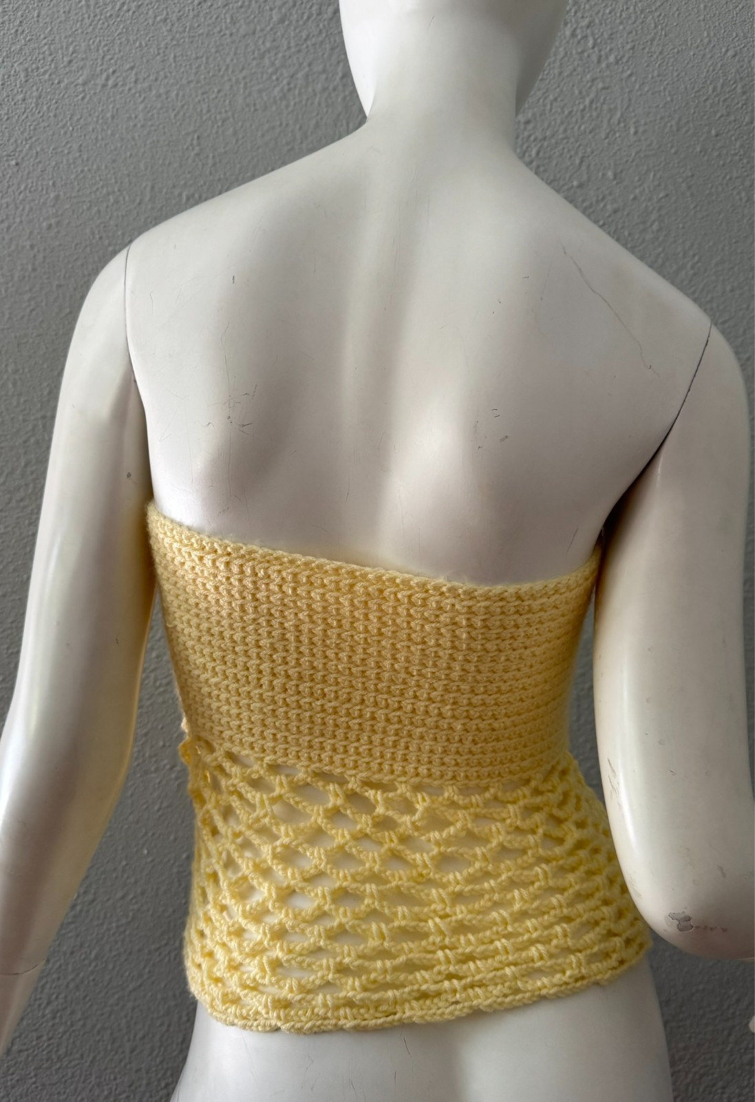 Vintage 70s Yellow Strapless HAND KNIT Hippie Tube Top Blouse XS/S