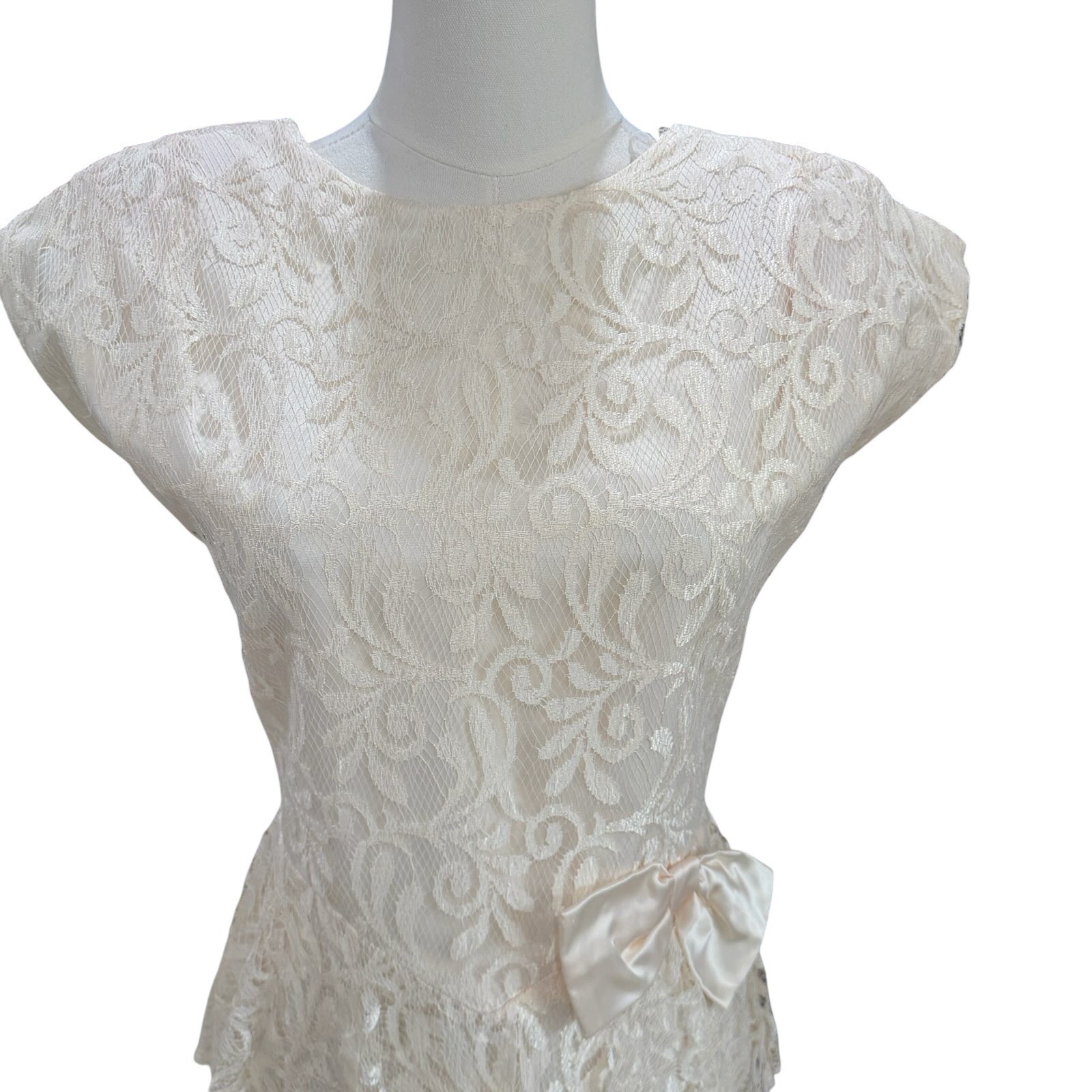 Vintage Zum Zum Lace Peplum Midi Dress Ivory Cream Bow Handkerchief Hem Bridal