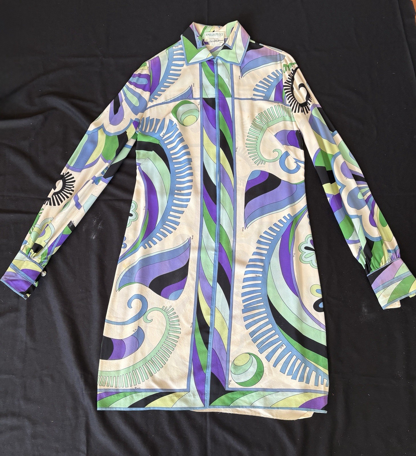 Emilio Pucci Silk Dress VNTG 60’s Size 12 Abstract Pattern Long Sleeve Italy