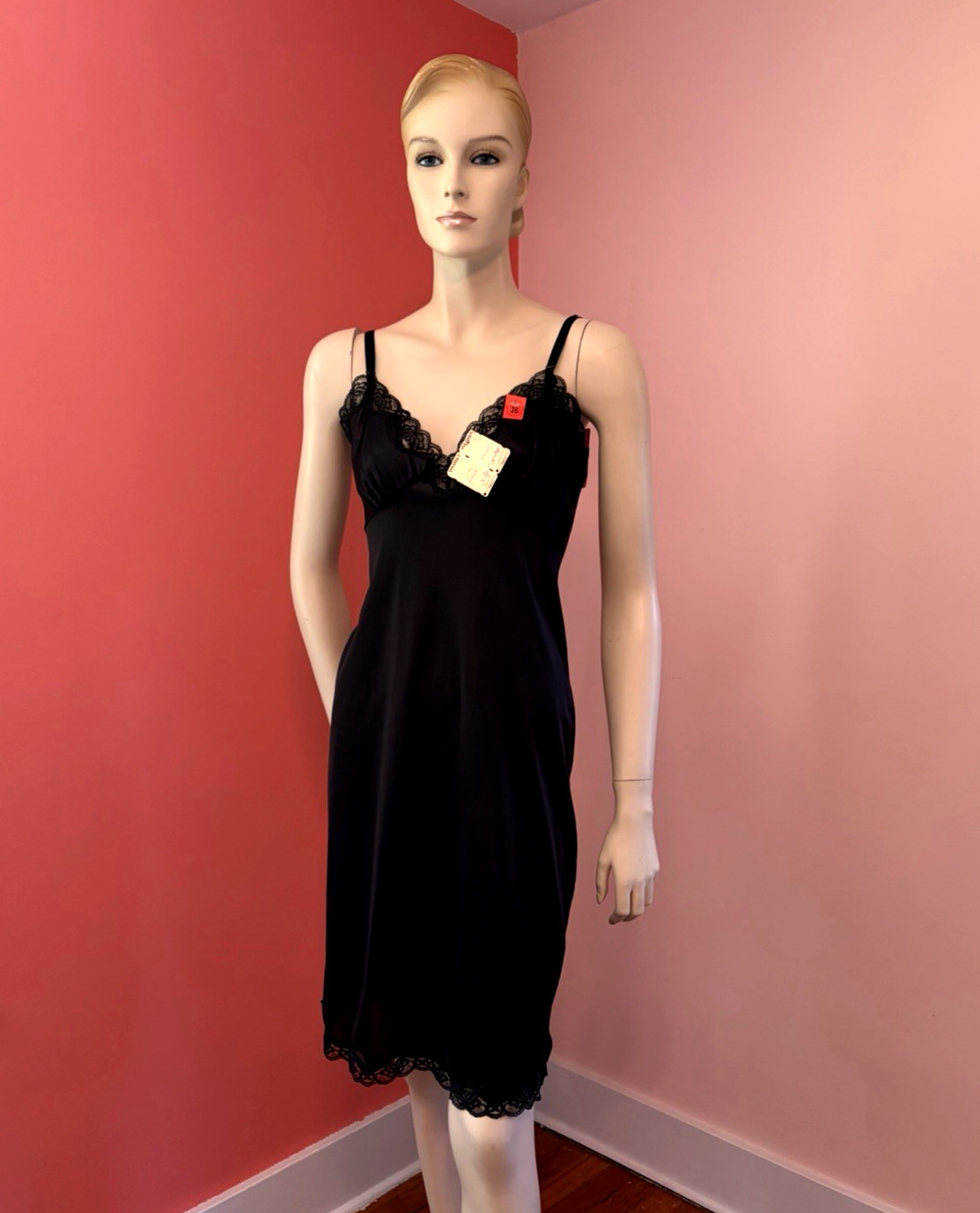 NOS 60s 70s Fortune Vintage Deadstock Full Slip Black Satin Nylon Lace dress 36