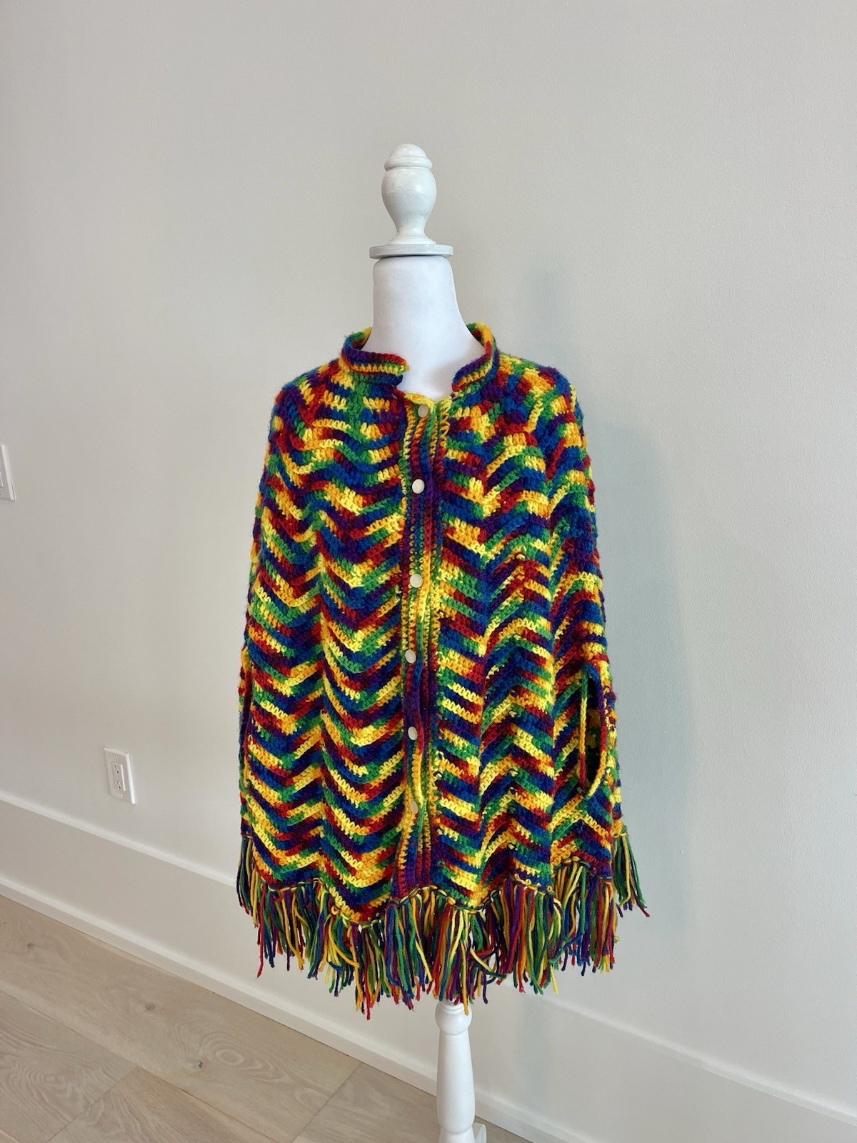 Vintage Handmade Crochet Poncho BOHO Fringe Button Up Festival Hippie OS Color