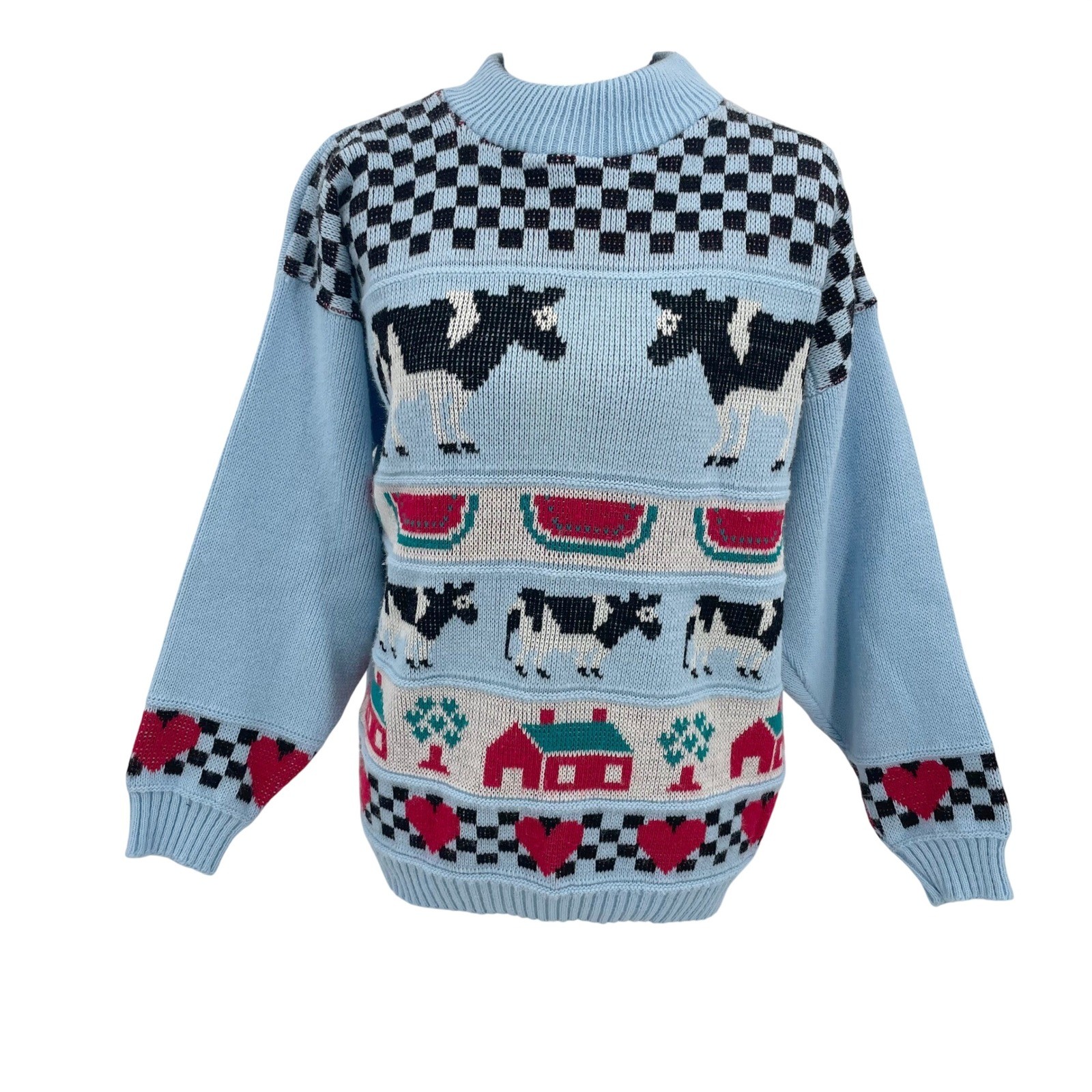 VTG Adele Knitwear Vintage Cow Watermelon Cottagecore Sweater Blue Made in USA