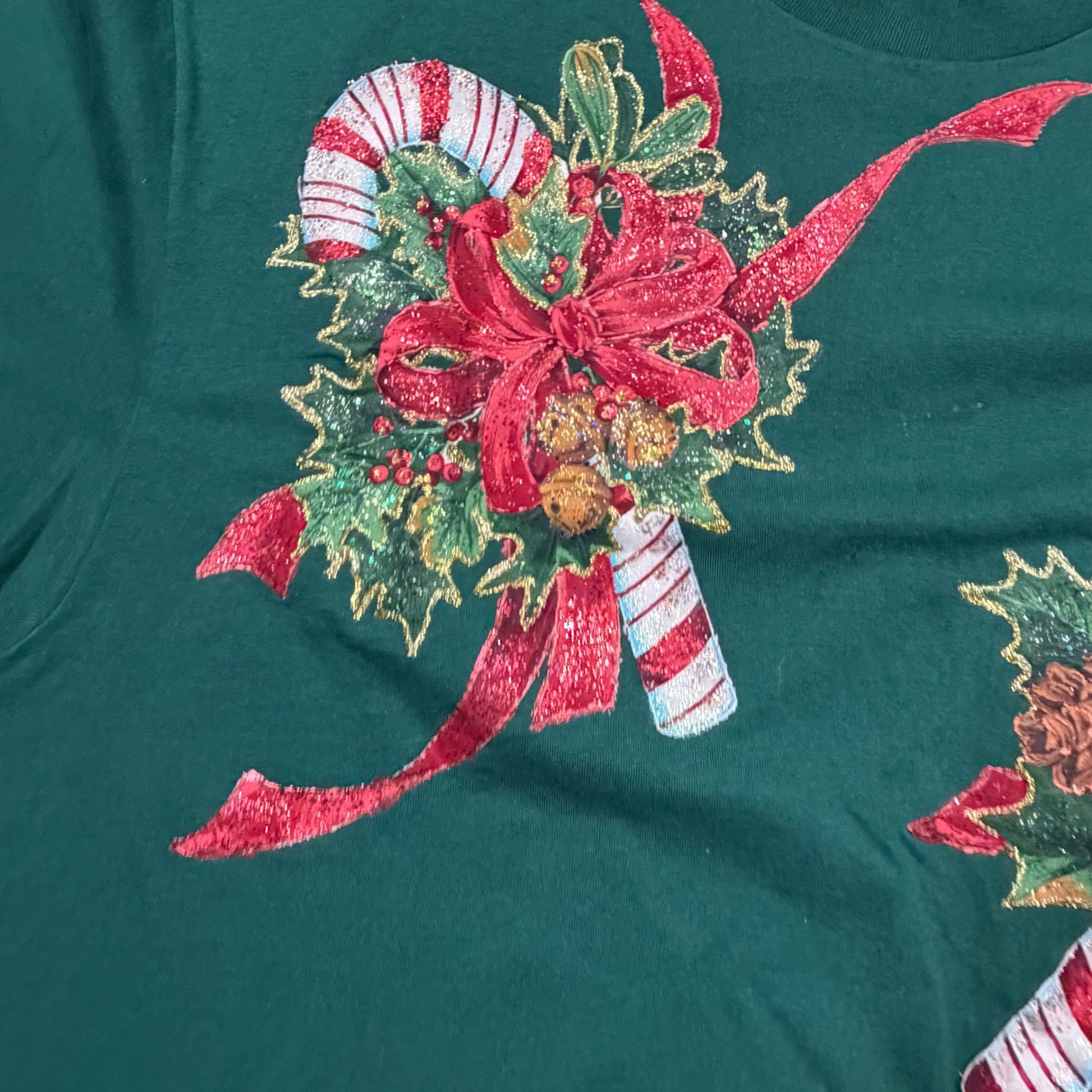 Vintage Hanes Christmas T Shirt XL Green Candy Cane Glitter Single Stitch 90s