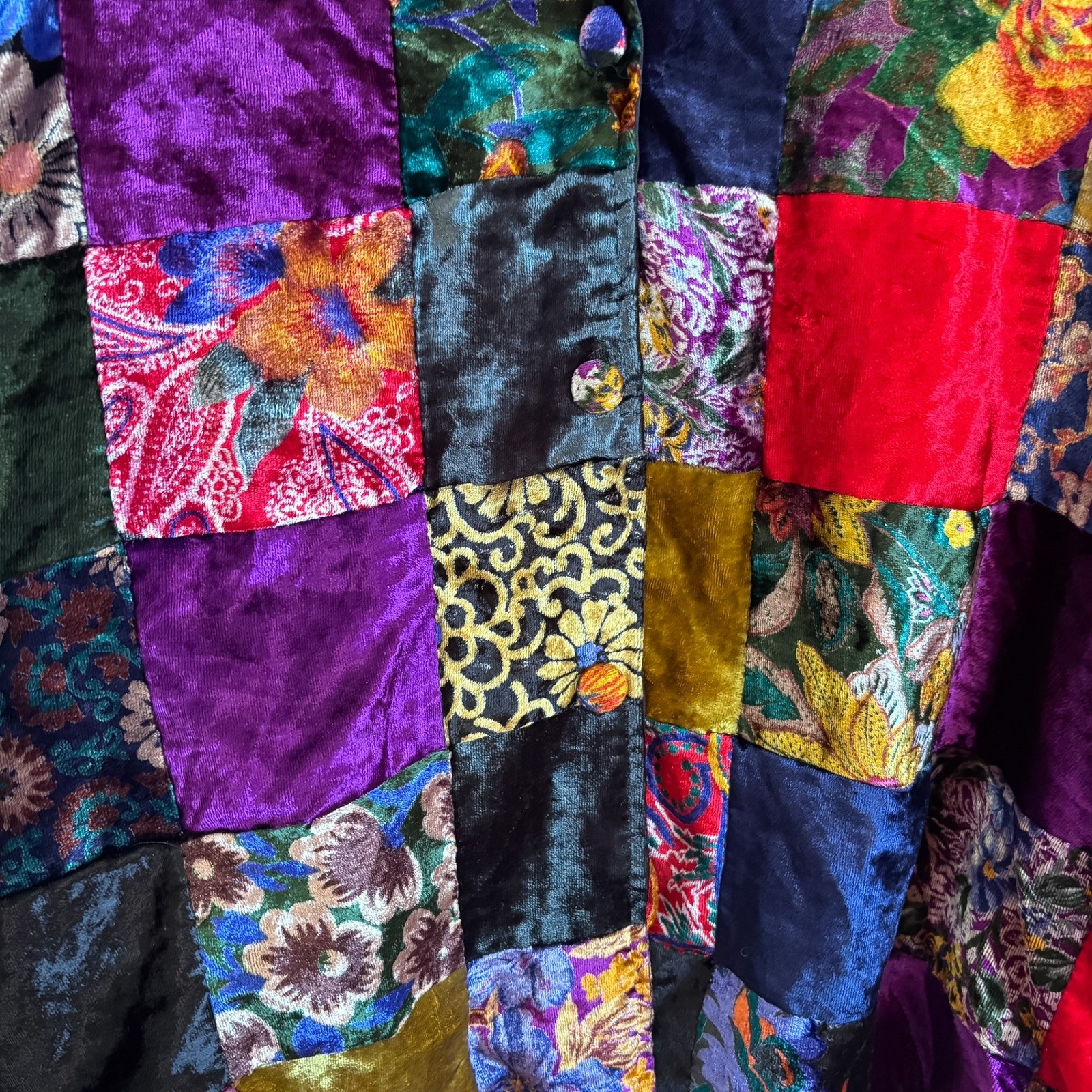 Vintage 90s Womens Velvet Patchwork Jacket XL Floral Statement Boho Art To Wear