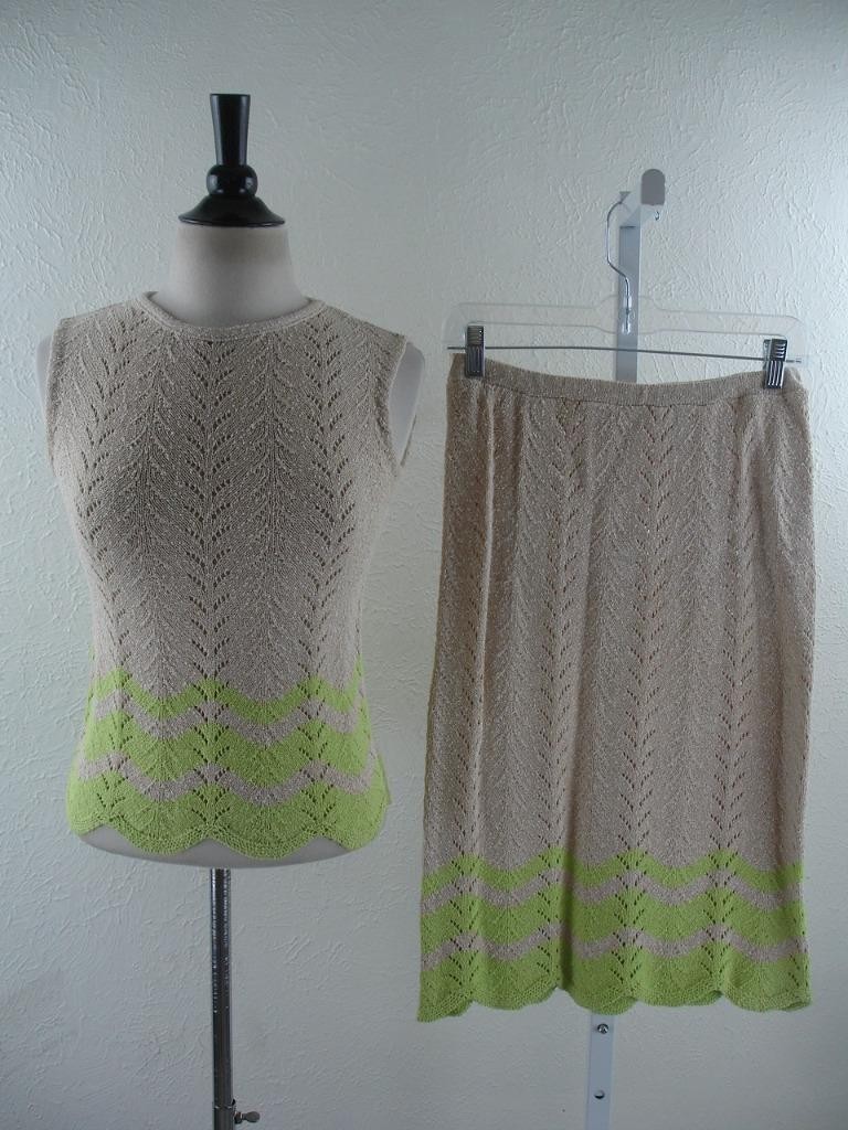 Women’s XS Vtg 1960’s Mister Cig 2-Pc Outfit Sweater Skirt Knit Beige Lime Green