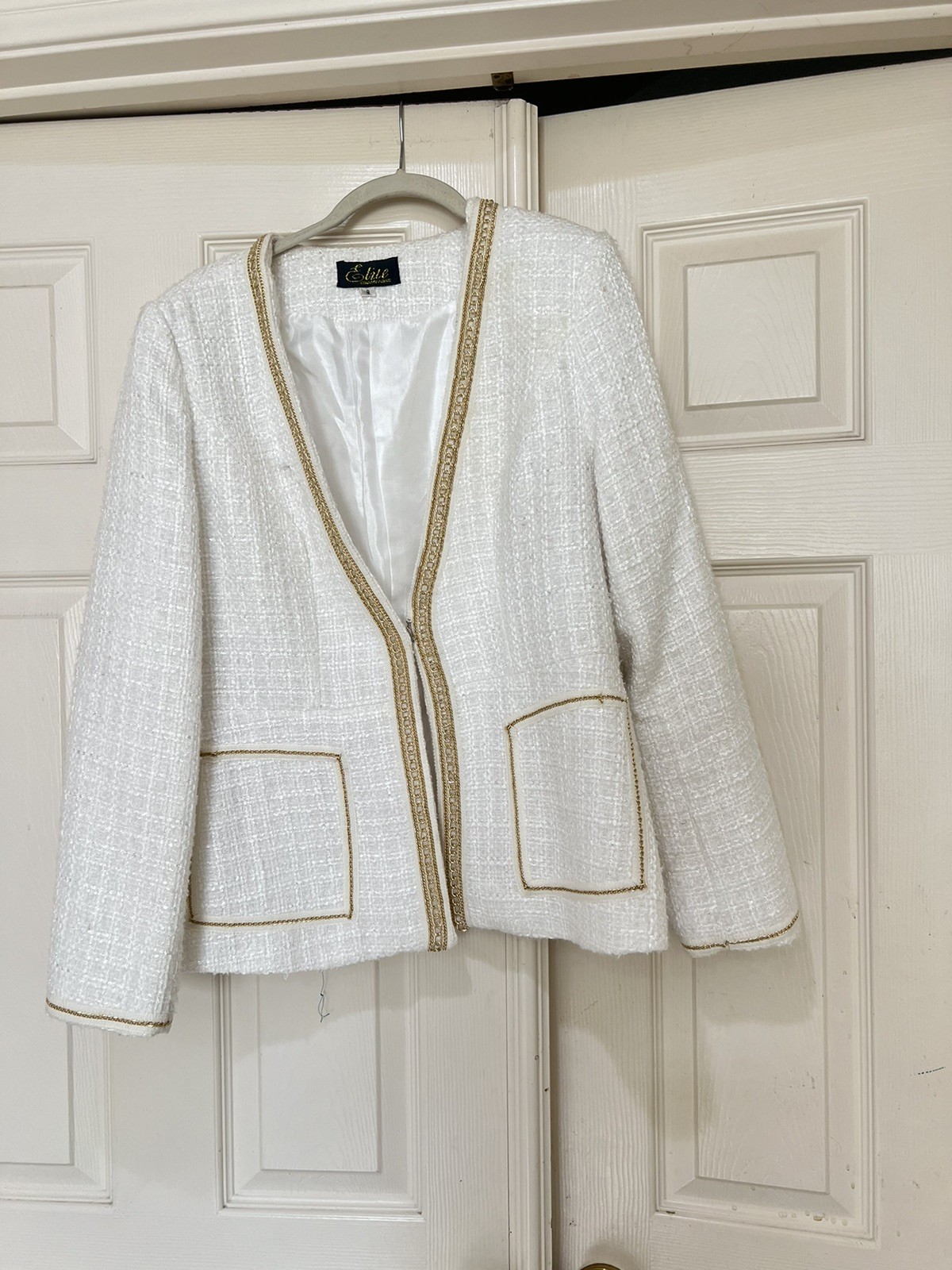VNTG Elite Champagne White Tweed Blazer Church formal Business Old Money Sz 8