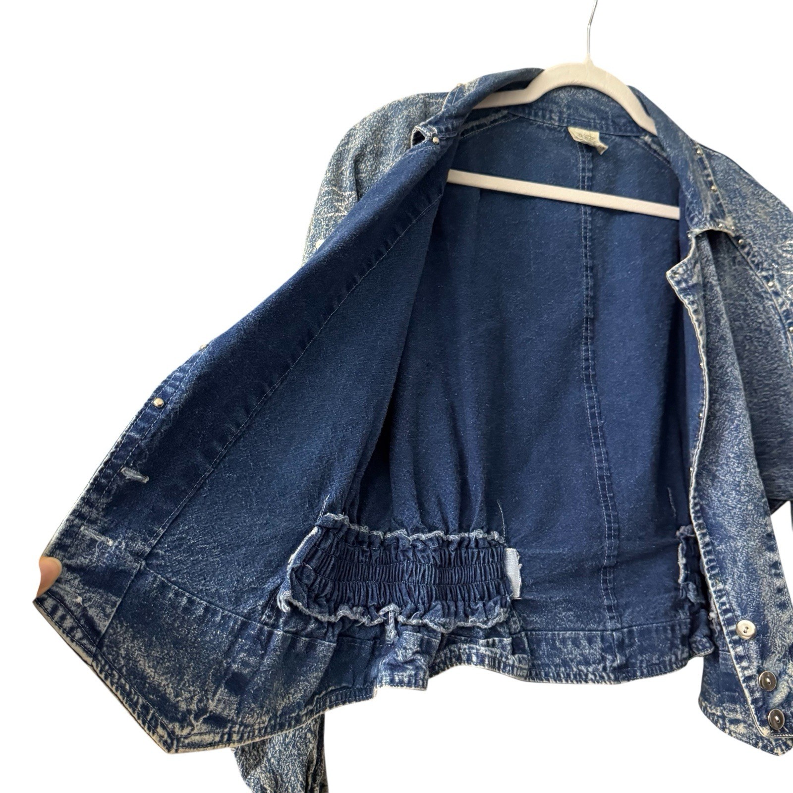 80s Denim Jacket Short Acid Wash Floral Embroidery Embellished Crop Sz M Vtg EUC