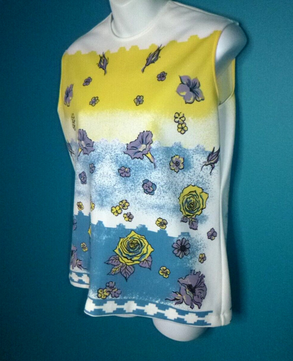 Vtg 60s 70s MOD Polyester Knit Novelty Shirt Yellow Lilac Blue Flowers Sz S/M