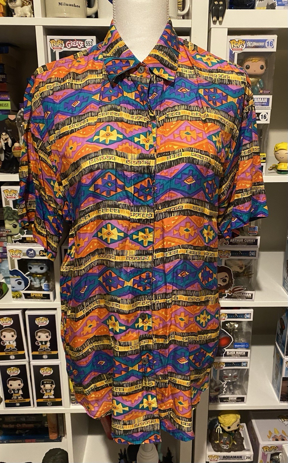 Vtg 90s Womens Medium Silk Short Sleeve Top “Tribes From The Land Of The Brave”