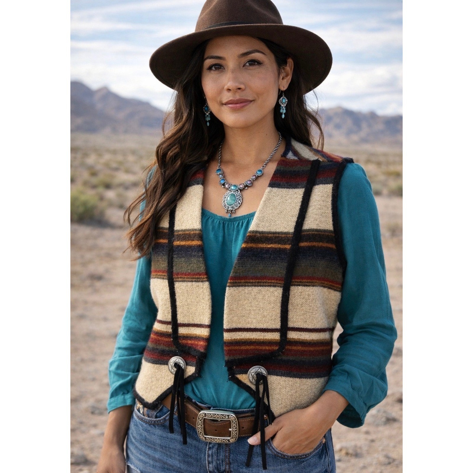 Woolrich Vintage Southwestern Wool Blend Vest Concho Ties Striped Cream M. AB