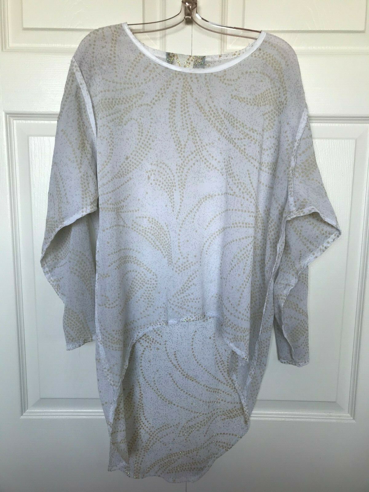 Women vtg disco blouse beads sequin top white gold Francine Browner Rumours 44″