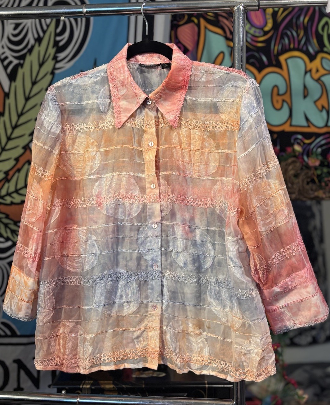 Long Sleeve Vibrant Sheer Button Up Blouse