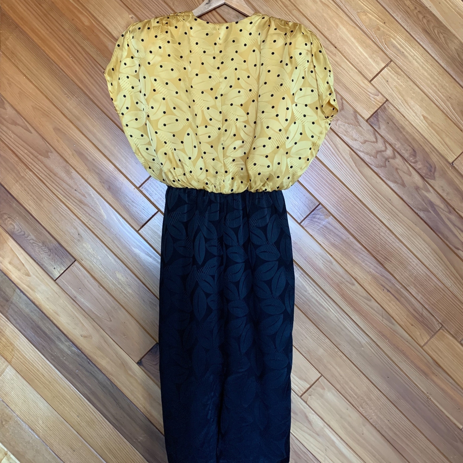 70s/80s Silk Black & Yellow polka dot and floral sheath dress