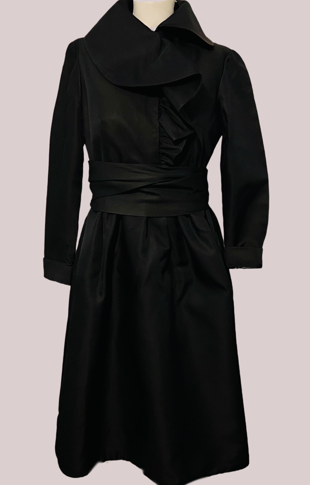 Vintage 1960s Geoffrey Beene Silk Crepe Ruffle Accent Long Sleeve Black Dress M