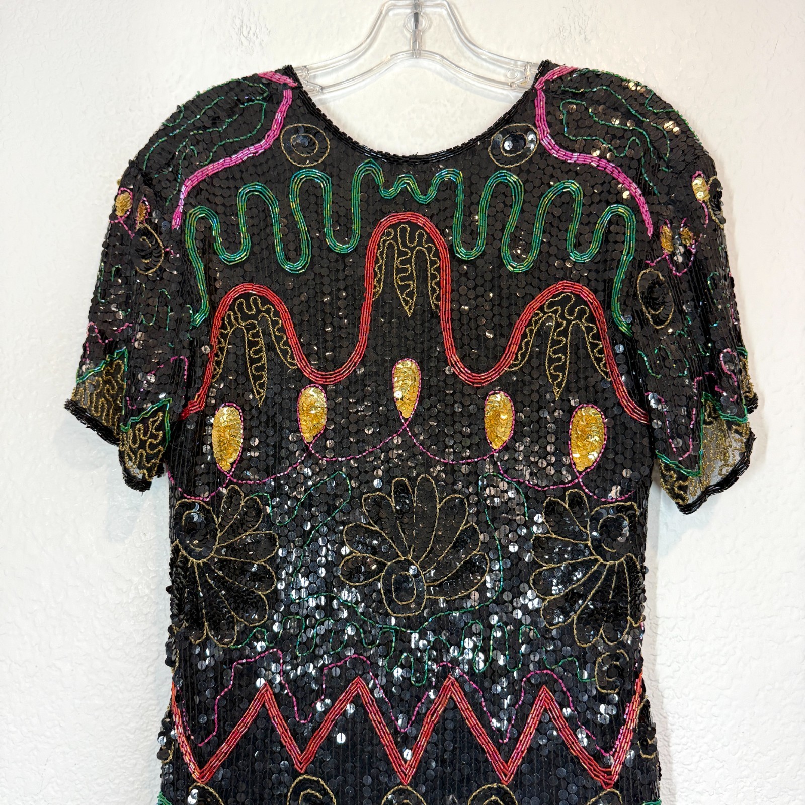 Vintage Sequin Beaded Dress Medium Silk Black 80s Backless Cocktail Party