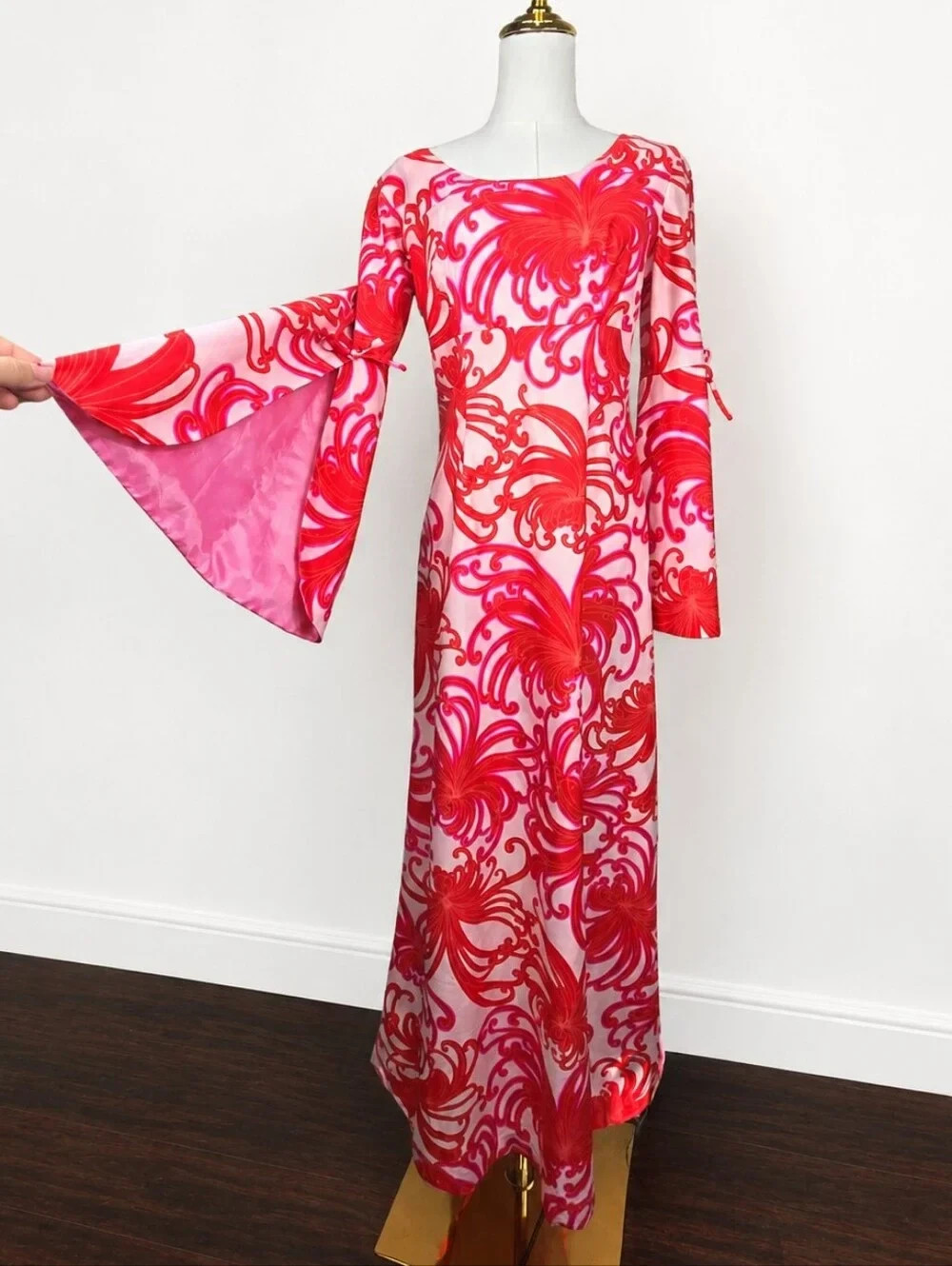 Vintage 60s Hawaii Nei Honolulu Pink Psychedelic Bell Sleeve Maxi Dress Sz 10
