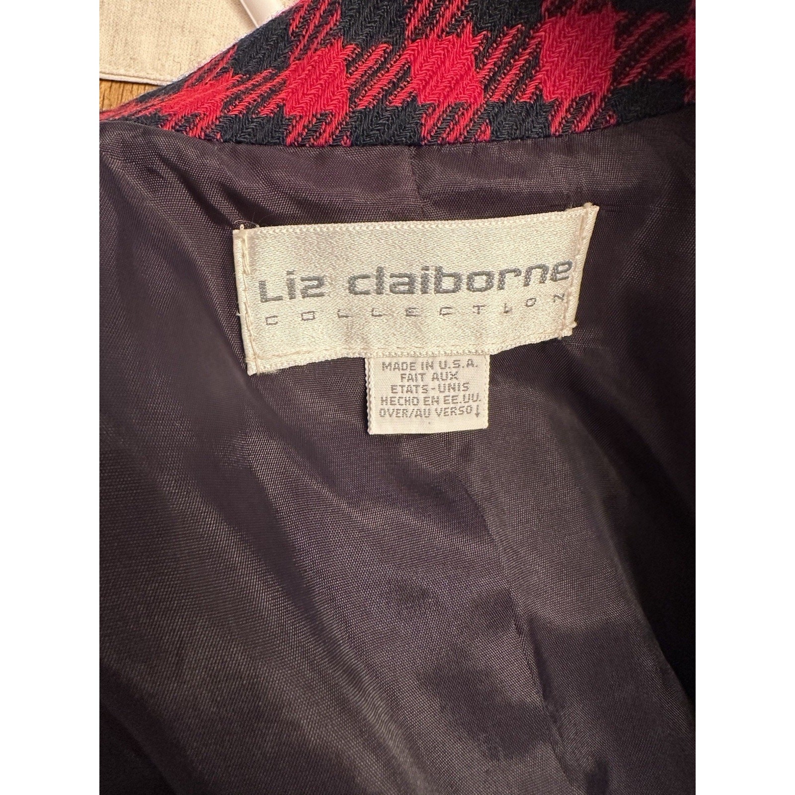 Vintage Wool Blazer & Skirt Suit Liz Claiborne Red/Blue Check Size 8 USA Retro
