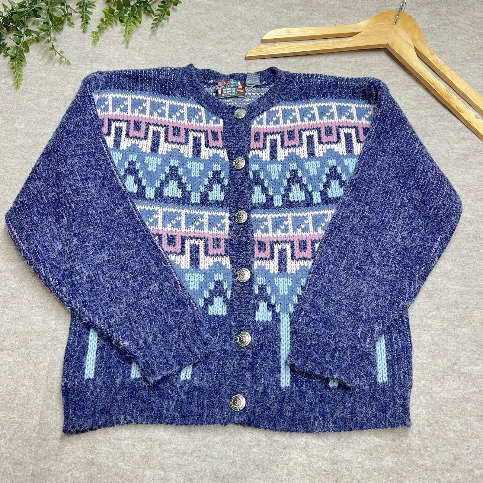 Paris Sport Club Universal Vintage Blue Fair Isle Fuzzy Knit Cardigan Sweater S